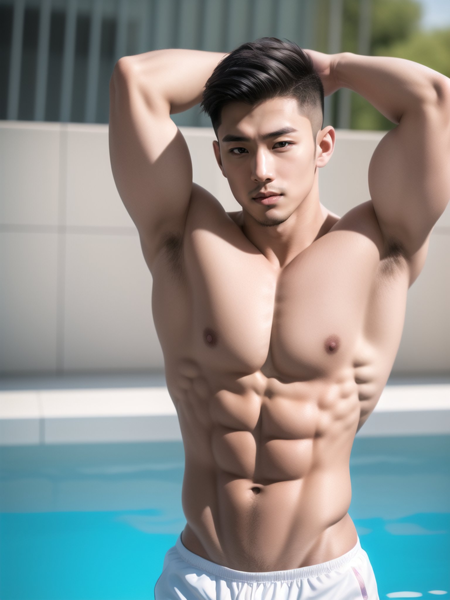 <lora:asian_muscle_man_v2:0.6>, (masterpiece, bright colors, handsome, Asian, open eyes:1.2),1boy, male focus, solo, muscular, abs, navel, arms behind head, nipples,, pectorals, muscular male, black hair, facial hair, bara, armpits, swim briefs, short hair, facing viewer