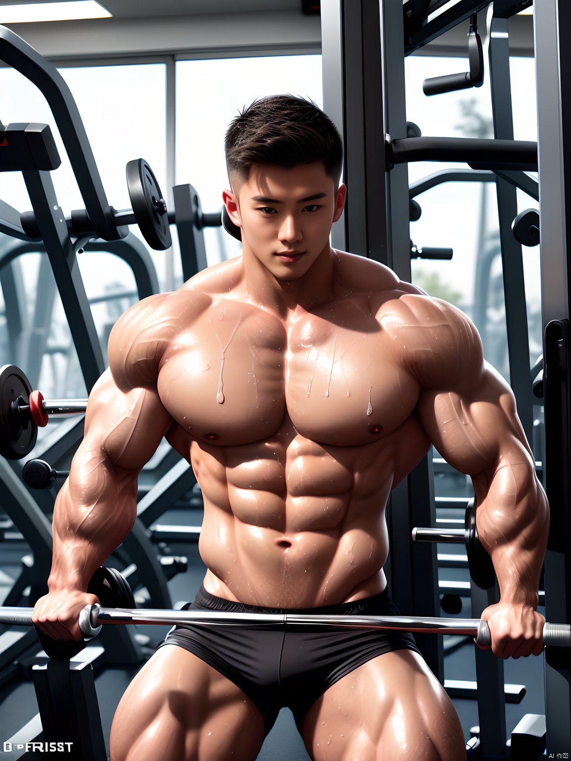  (masterpiece, bright colors, handsome, Asian, open eyes:1.2), Asian, Muscular Man, Topless, Sweaty, Gym, Exercise, Abs, Biceps, Triceps, Strength, Dumbbells, Barbell, Fitness, Training, Workout, Concentration, Determination, Power, Mirror Reflection, Glistening Sweat, Veins, Toned Physique, Heavy Lifting, Intense Workout, Vigor, Stamina, Endurance, Breath Control, Gym Lights, Gym Equipment, Tattoo, Masculinity, Athletic