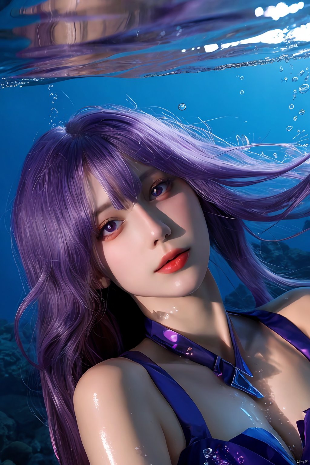 abstract background, (illustration:1), masterpiece, best quality, detailed face and eyes, purple eyes, 1 girl, underwater hair physics, air bubbles, light coming through water, reflections, laying in water, beauty,  houtufeng,  sssr,<lora:EMS-1997-EMS:0.800000>