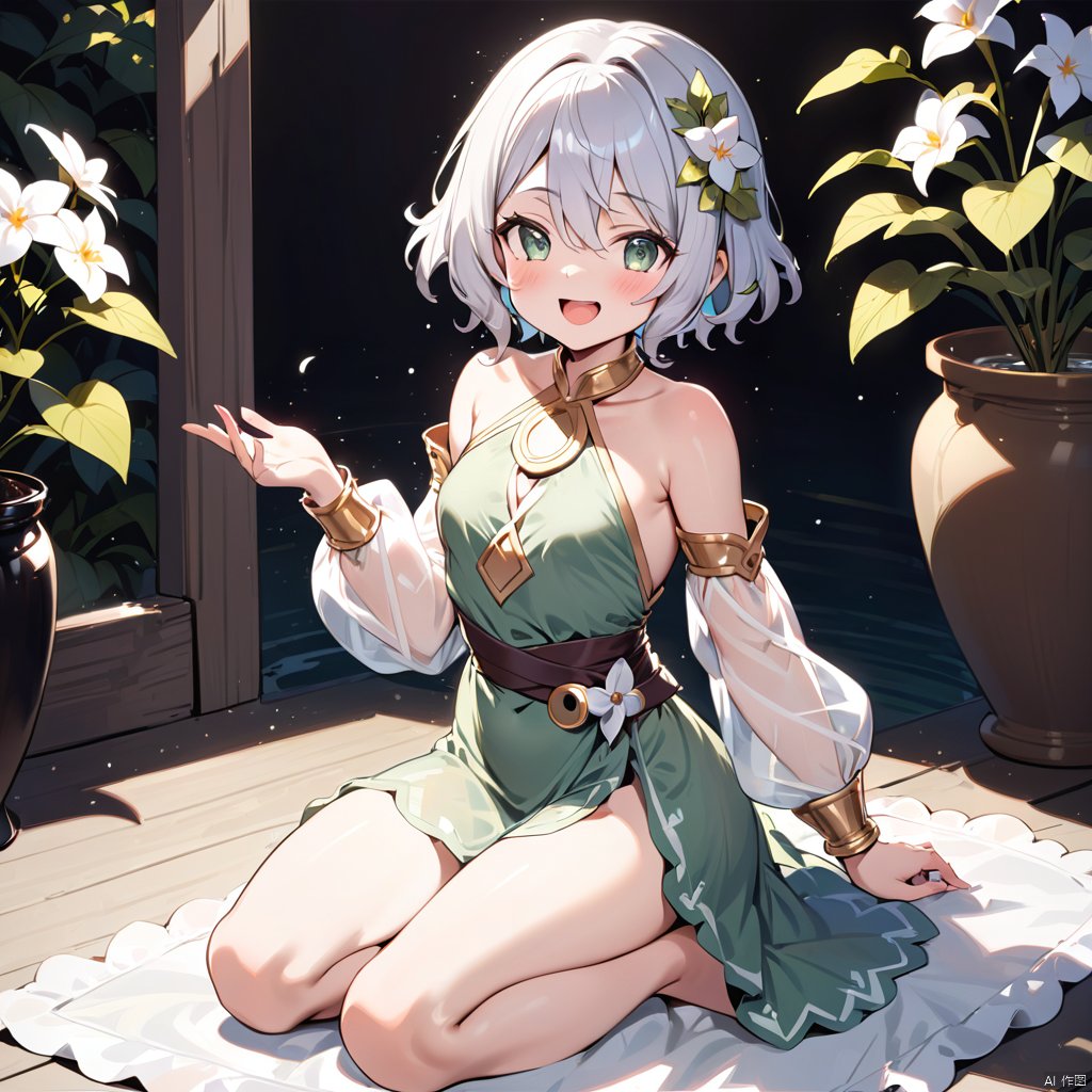 breathtaking masterpiece, best quality, ultra-detailed, 1girl, :d, bare shoulders, blush, breasts, detached sleeves, dress, flower, full body, green dress, hair between eyes, hair flower, hair ornament, kokkoro, long sleeves, open mouth, puffy long sleeves, puffy sleeves, see-through, see-through sleeves, seiza, short hair, sitting, sleeveless, sleeveless dress, smile, solo, white flower, kokkoro \(princess connect!\) . award-winning, professional, highly detailed