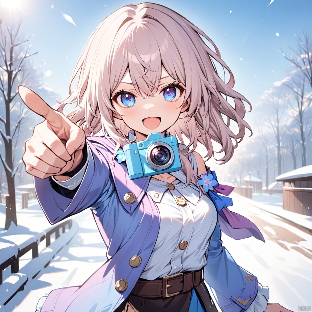  1girl,march7 honkai star rail,holding camera,one eye closed,pointing at viewer,outsside,winter,
BREAK blurry background,, masterpiece, best quality