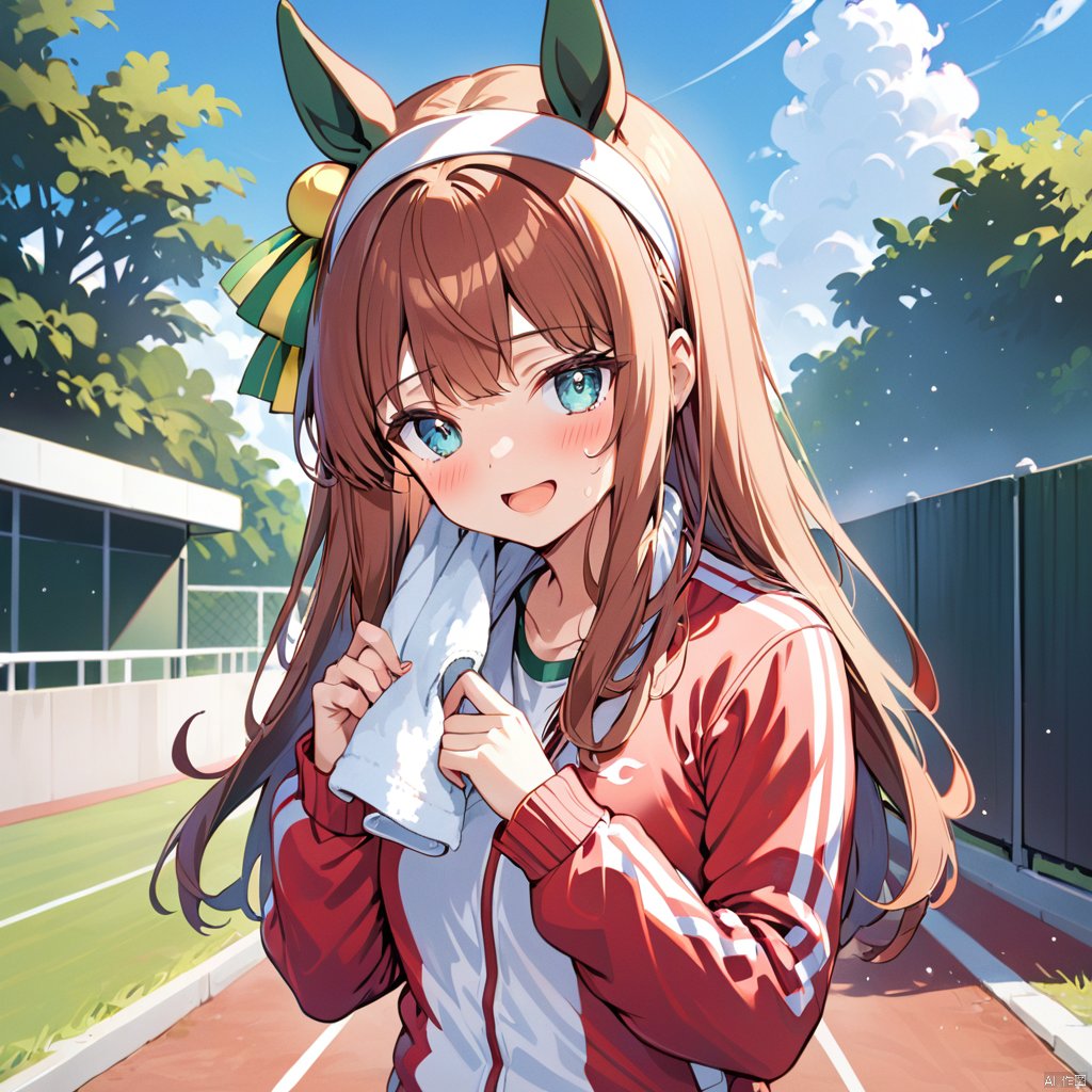  1girl, animal ears, horse ears, silence suzuka, (umamusume), solo, horse girl, long hair, jacket, sweat, track jacket, outdoors, looking at viewer, orange hair, open mouth, horse tail, towel, hairband, blush, tail, smile, bangs, brown hair, green eyes, hair ornament, sky, blue eyes, day, long sleeves