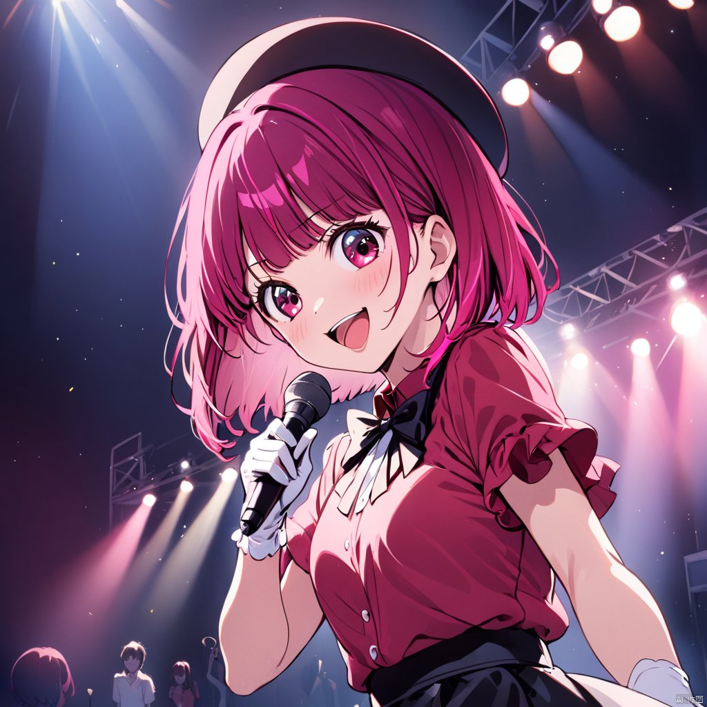  1girl, arima kana, oshi no ko, solo, idol, idol clothes, one eye closed, red shirt, black skirt, black headwear, gloves, stage light, singing, open mouth, crowd, smile, pointing at viewer, masterpiece, best quality,