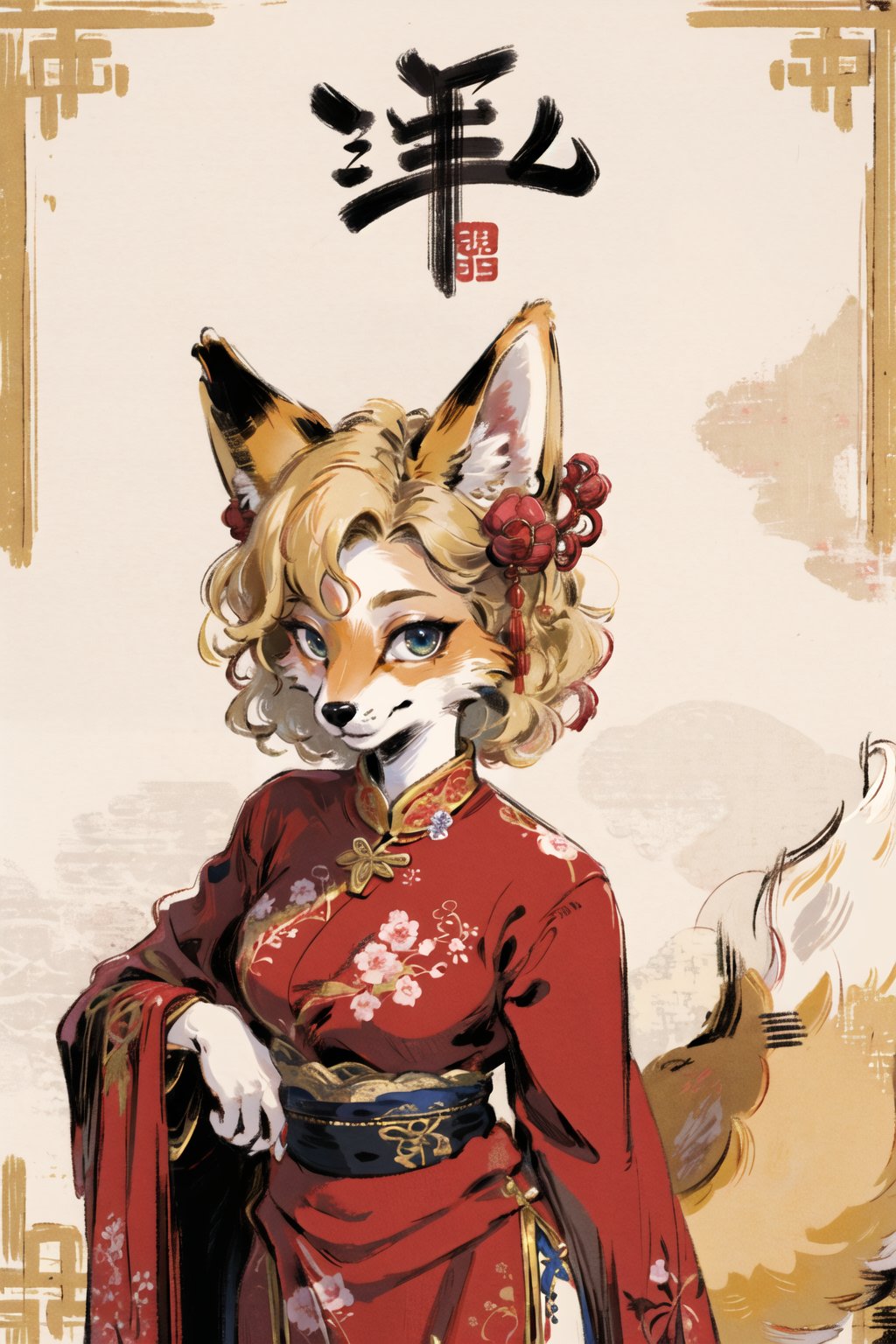 masterpiece,highres,furry fox girl,solo,blonde,chinese dress, hair ornament, anicent chinalooking at viewer, 