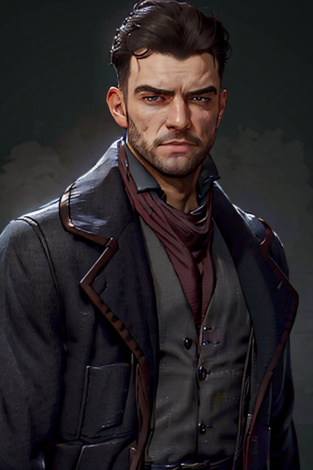 Geoffrey McCullum, black hair, crewcut, stubble, handsome, charming, alluring, rugged, black trench coat, black pants, grey vest, dark red cravat, (standing), (upper body in frame), simple background, black background, fog, dark atmosphere, perfect light, perfect anatomy, perfect proportions, perfect perspective, 8k, HQ, (best quality:1.5, hyperrealistic:1.5, photorealistic:1.4, madly detailed CG unity 8k wallpaper:1.5, masterpiece:1.3, madly detailed photo:1.2), (hyper-realistic lifelike texture:1.4, realistic eyes:1.2), picture-perfect face, perfect eye pupil, detailed eyes, realistic, HD, UHD, (front view:1.2), portrait, looking outside frame,perfecteyes