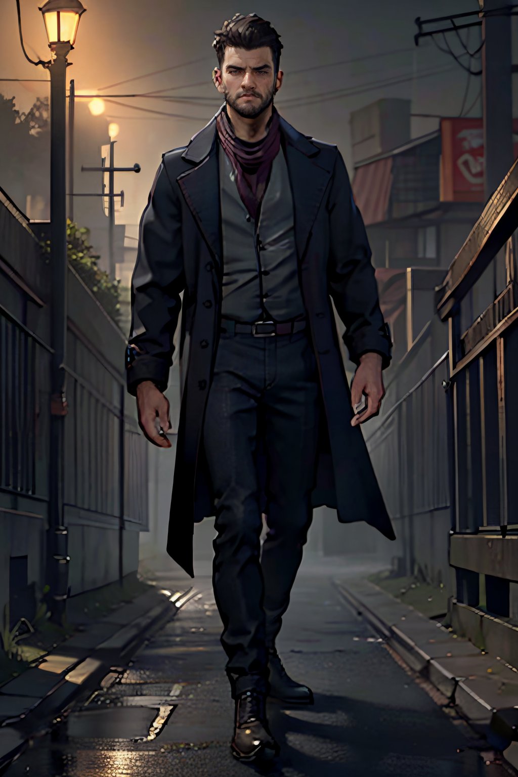 Geoffrey McCullum, black hair, crewcut, stubble, handsome, charming, alluring, rugged, black trench coat, black pants, grey vest, dark red cravat, (standing), (full body in frame), simple background, 1918 London, fog, dark atmosphere, perfect light, perfect anatomy, perfect proportions, perfect perspective, 8k, HQ, (best quality:1.5, hyperrealistic:1.5, photorealistic:1.4, madly detailed CG unity 8k wallpaper:1.5, masterpiece:1.3, madly detailed photo:1.2), (hyper-realistic lifelike texture:1.4, realistic eyes:1.2), picture-perfect face, perfect eye pupil, detailed eyes, realistic, HD, UHD, (front view:1.2), portrait, looking outside frame,perfecteyes