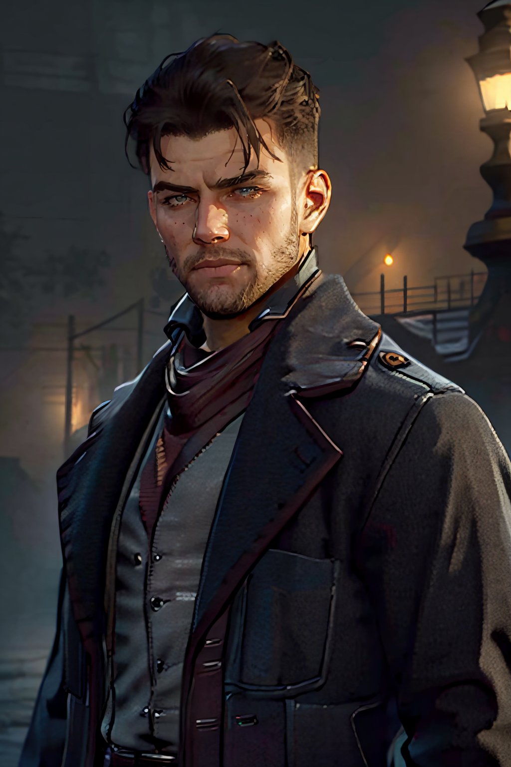 Geoffrey McCullum, black hair, crewcut, stubble, handsome, charming, alluring, rugged, black trench coat, black pants, grey vest, dark red cravat, (standing), (upper body in frame), simple background, 1918 London, fog, dark atmosphere, perfect light, perfect anatomy, perfect proportions, perfect perspective, 8k, HQ, (best quality:1.5, hyperrealistic:1.5, photorealistic:1.4, madly detailed CG unity 8k wallpaper:1.5, masterpiece:1.3, madly detailed photo:1.2), (hyper-realistic lifelike texture:1.4, realistic eyes:1.2), picture-perfect face, perfect eye pupil, detailed eyes, realistic, HD, UHD, (front view:1.2), portrait, looking outside frame,perfecteyes