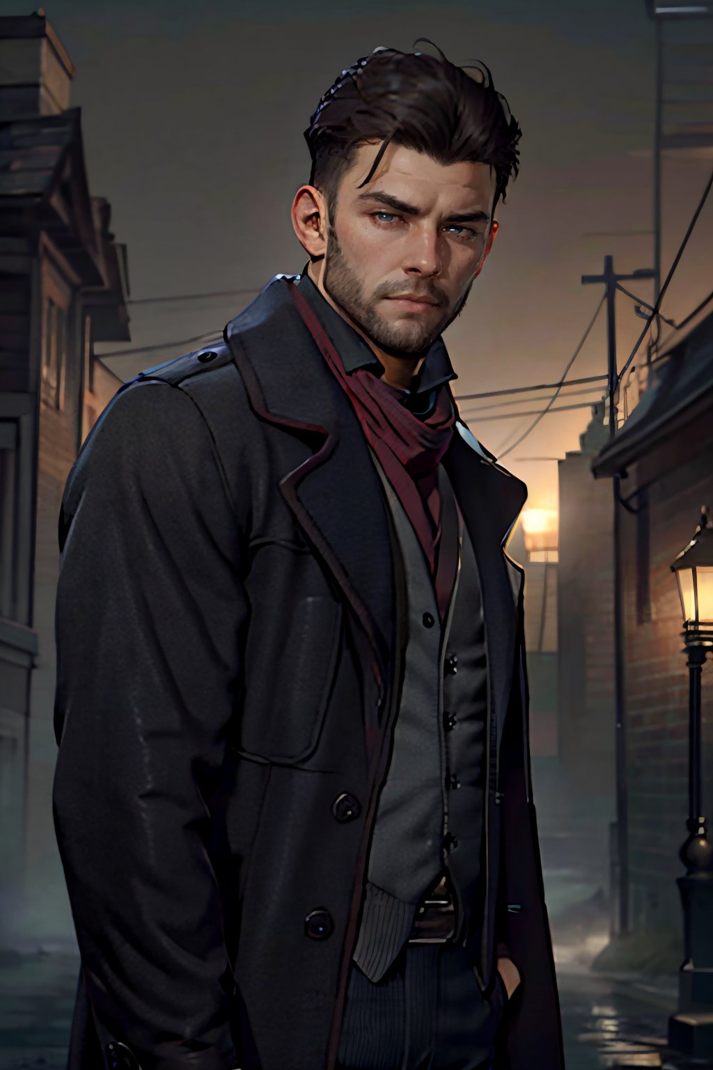 Geoffrey McCullum, black hair, crewcut, stubble, handsome, charming, alluring, rugged, black trench coat, black pants, grey vest, dark red cravat, (standing), (upper body in frame), simple background, 1918 London, fog, dark atmosphere, perfect light, perfect anatomy, perfect proportions, perfect perspective, 8k, HQ, (best quality:1.5, hyperrealistic:1.5, photorealistic:1.4, madly detailed CG unity 8k wallpaper:1.5, masterpiece:1.3, madly detailed photo:1.2), (hyper-realistic lifelike texture:1.4, realistic eyes:1.2), picture-perfect face, perfect eye pupil, detailed eyes, realistic, HD, UHD, (front view:1.2), portrait, looking outside frame,perfecteyes