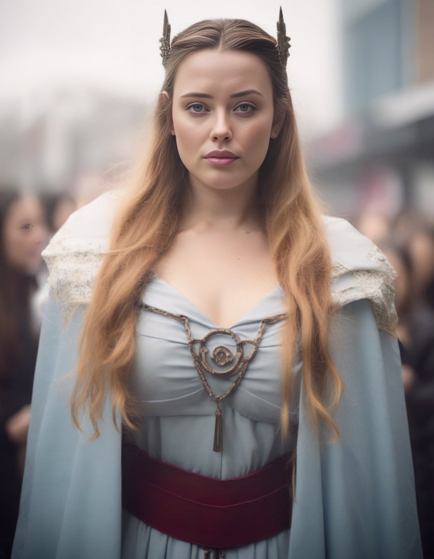 KatherineLangford,<lora:KatherineLangfordSDXL:1> photograph, Compelling athletic Female cosplaying as Freyja, Snowing, Iphone X, Low shutter