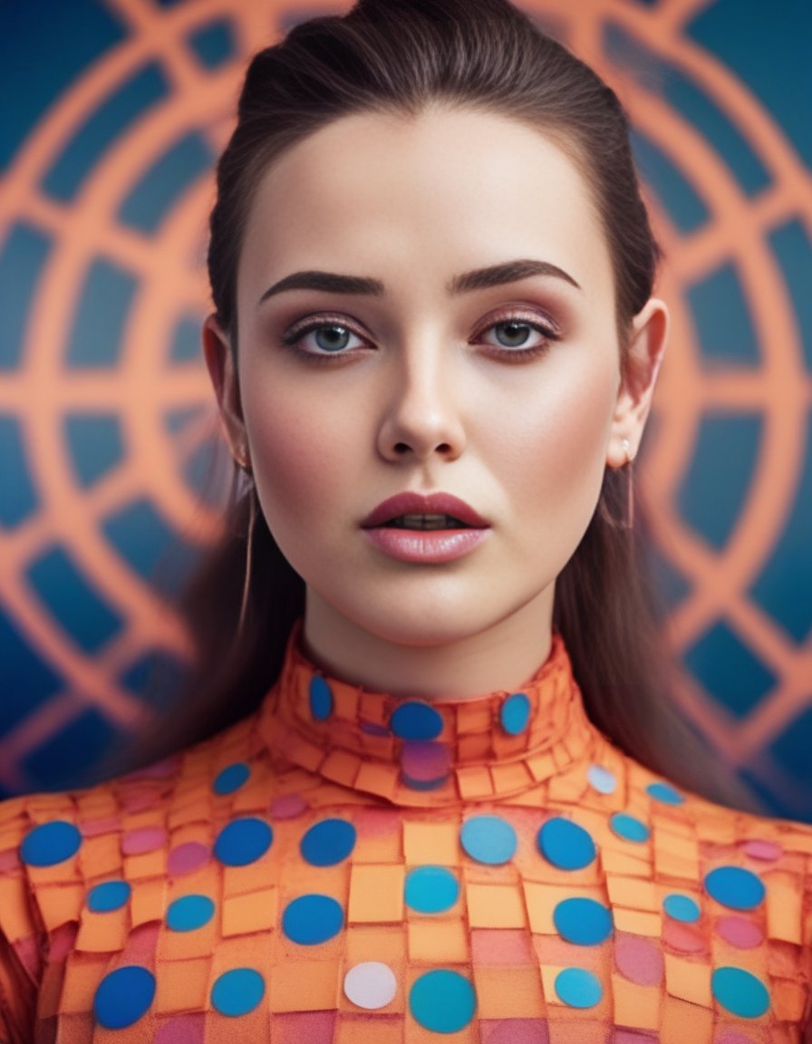 KatherineLangford,<lora:KatherineLangfordSDXL:1>, cinematic photo (full-body:1.85) A futuristic portrait of a beautiful young woman on a simple paper studio background with a strong colourful intricate circular geometrical pattern, geometrical makeup, (highly detailed skin texture:1.6), pores, high contrast . 35mm photograph, film, bokeh, professional, 4k, highly detailed