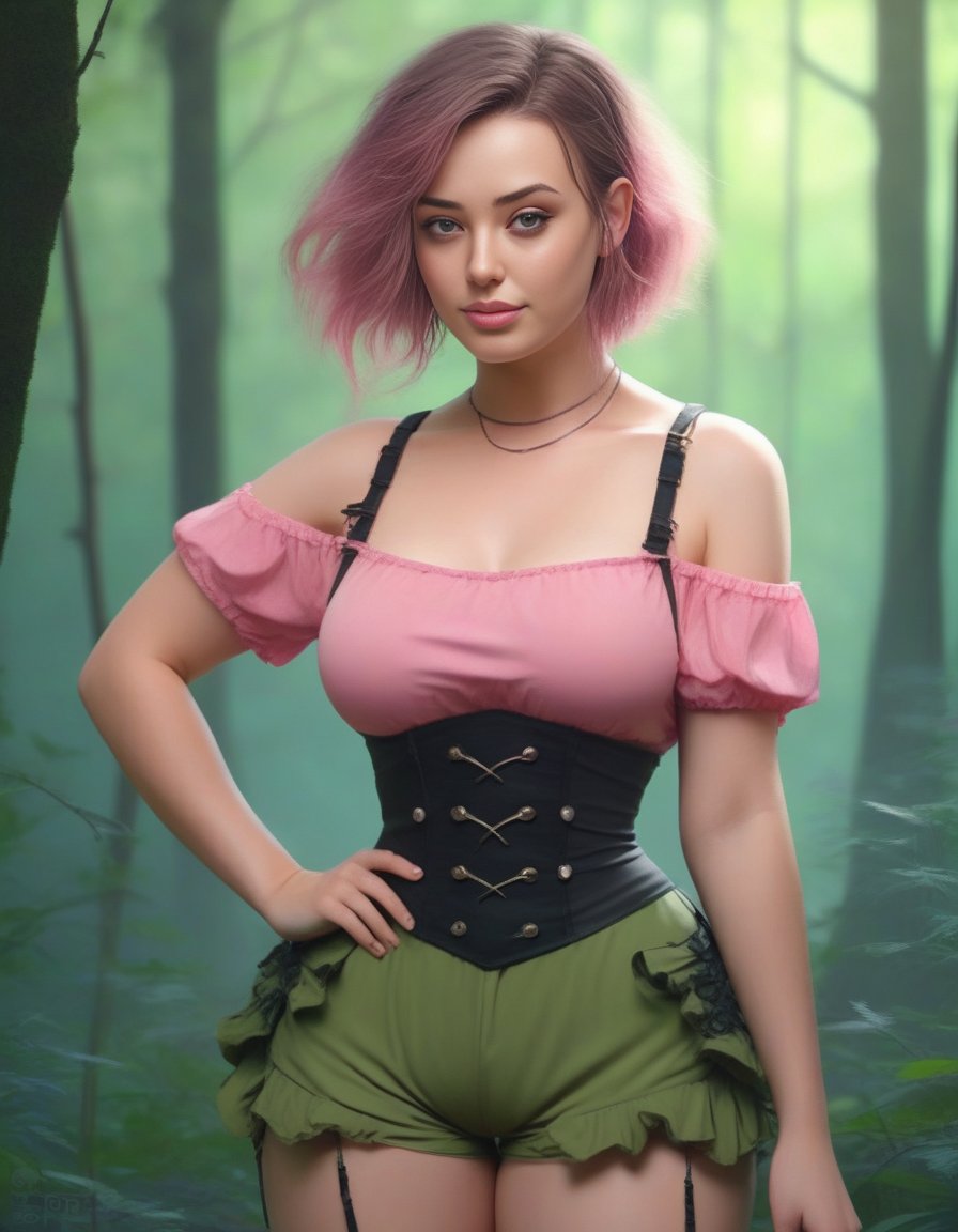 KatherineLangford,<lora:KatherineLangfordSDXL:1>Anime portrait by WLOP and Artgerm, trending on artstation, (masterpiece, best quality), 1girl, pixie, in a fantasy forest, green Short Wavy Hair with, Size DD breasts, pink Corset top and Ruffled mini skirt kneehighs,