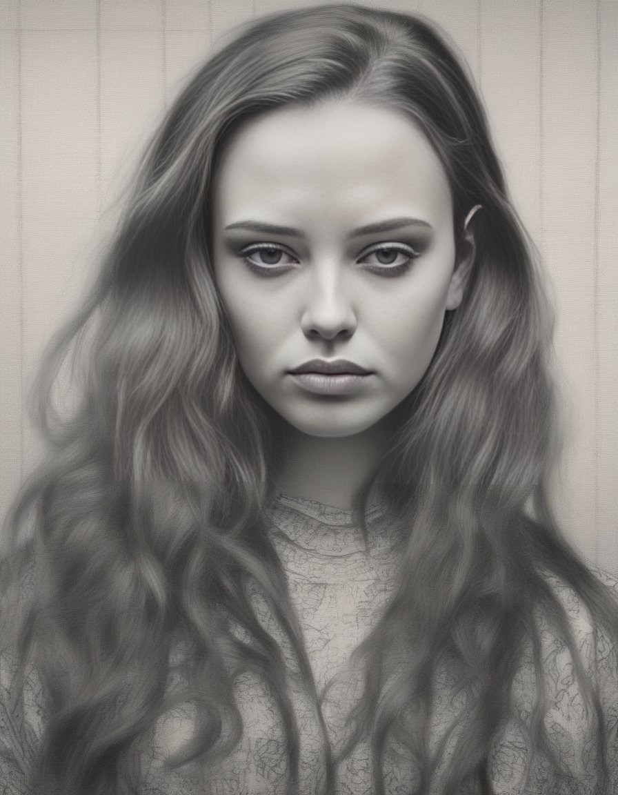 KatherineLangford,<lora:KatherineLangfordSDXL:1>charcoal drawing of a girl by timothy, in the style of hyper-realistic sci-fi, detailed perfection, hyper-realistic details, realistic human figures, heavy use of palette knives, hyper-realistic pop, frayed