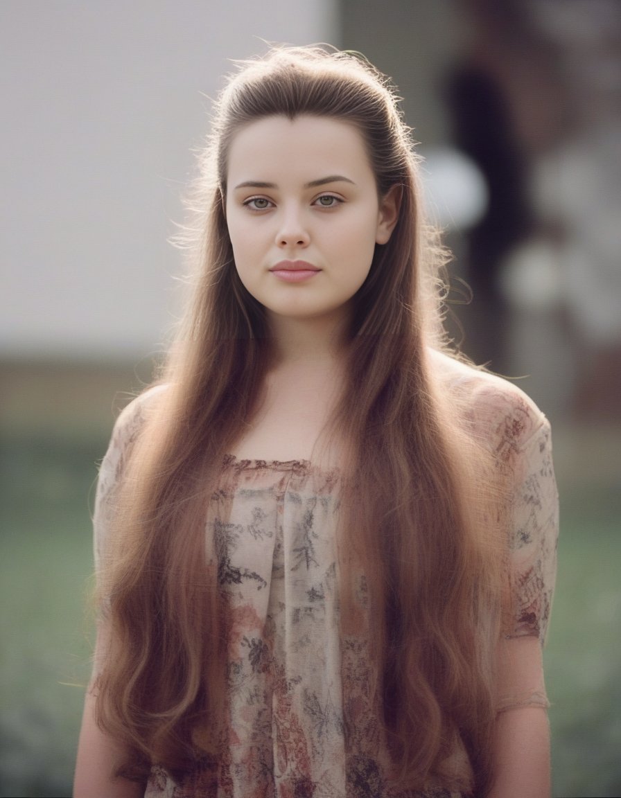 KatherineLangford,<lora:KatherineLangfordSDXL:1>(20:1. 3) year old (woman:1. 1) with (auburn:1. 2) hair in a (half-up, half-down:1. 1) style, (brooding:1. 4) under a (stormy:1. 1) sky. Her (intense:1. 4) (stare:1. 1) is lit by occasional (lightning strikes:1. 1). The (dramatic:1. 1) atmosphere is shot on (KodakTri-X400:1. 1) for that (gritty:1. 1) (texture:1. 1) with a (NikonF3:1. 1) and a (105mm:1. 1) (nikkor:1. 1) (lens@f2.5:1. 1).