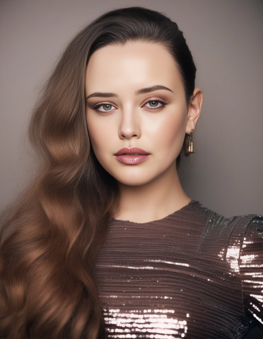 KatherineLangford,<lora:KatherineLangfordSDXL:1>The image features a beautiful woman wearing a dark grey sequin dress, which is adorned with bronze sequins. She is posing for the camera, with her hand on her chin, lipstick, and her long hair is styled in a ponytail. The woman appears to be confident and poised, showcasing her elegant attire and striking appearance.