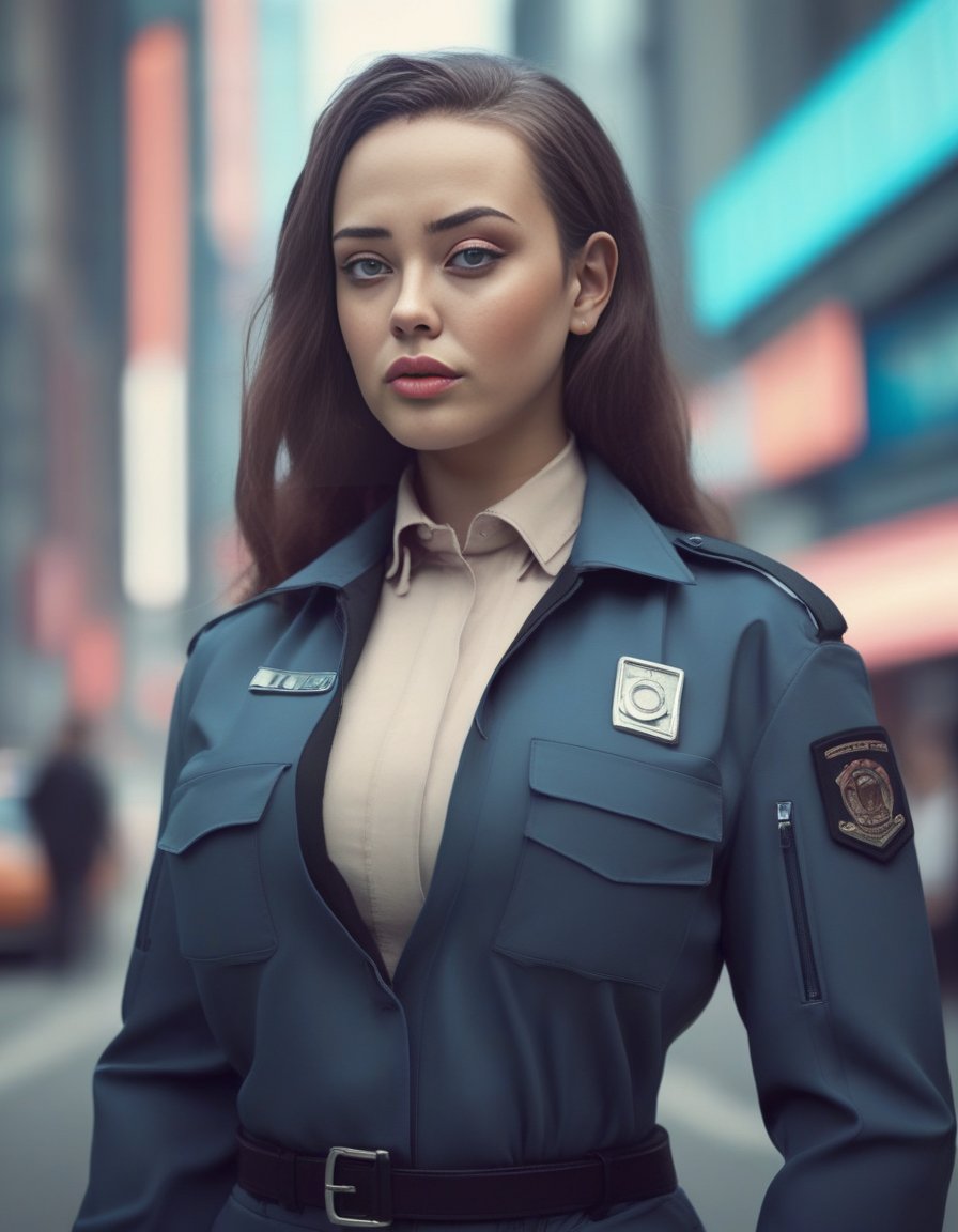 KatherineLangford,<lora:KatherineLangfordSDXL:1>a portrait of a futuristic policewoman, Cyberpunk art by Lü Ji, trending in cg society, retrofuturism, futuristic, sci-fi, aesthetic anime