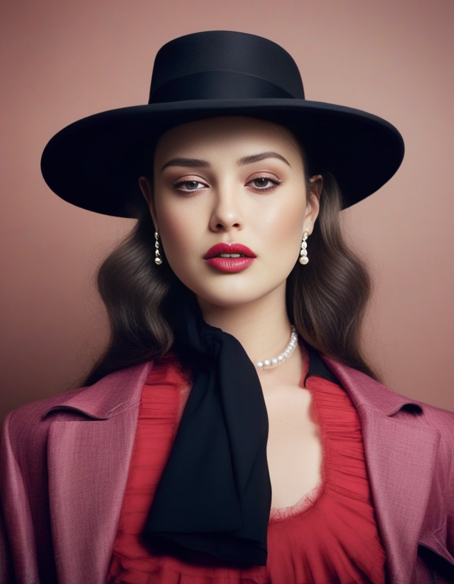 KatherineLangford,<lora:KatherineLangfordSDXL:1>The image features a woman wearing a black hat, a black dress, and a pearl necklace. She is posing for a picture, and her lips are painted red. The woman is also wearing a black glove, which adds to her elegant and stylish appearance. The combination of her outfit, makeup, and accessories creates a sophisticated and timeless look. (controlnet_mode:canny sdxlYamersRealism2, sdxl-1. 0. 0. 9. safetensors, SeargeSDXL4. 2-Llama2 prompt)