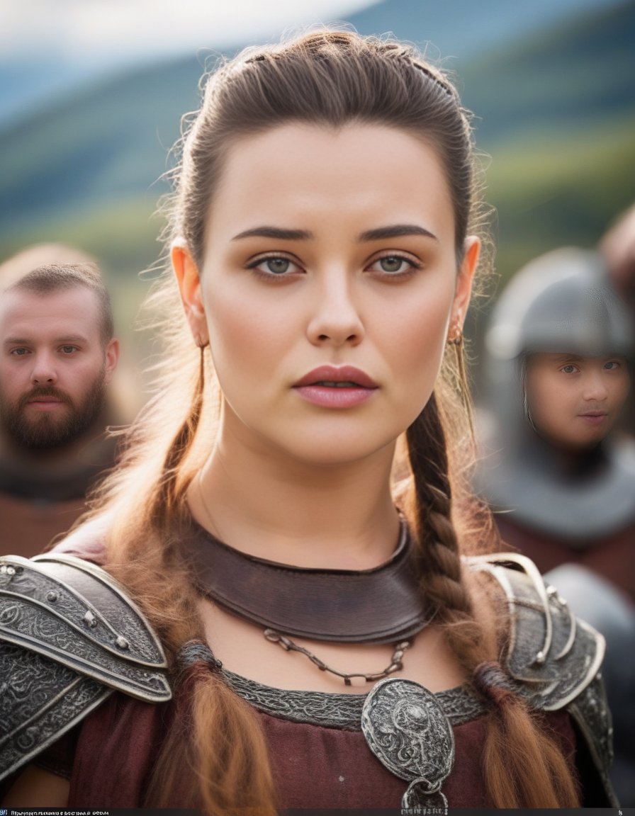 KatherineLangford,<lora:KatherineLangfordSDXL:1>,photo of a gorgeous woman), (professional photography), (scenic background), ((as a viking warrior woman)), ((close-up)), masterpiece, best quality, (eye contact), (looking at the viewer), centred, (shot from front), blurred_background, proportional