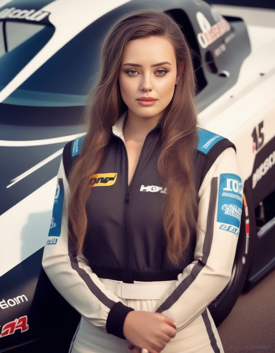 KatherineLangford,<lora:KatherineLangfordSDXL:1> perfect anime illustration, 1girl, braided hair, medium hair, medium breasts, sidehair, racecar driver, ((firesuit, race track, car)), nascar, f1, indycar, (outdoors, speedway, track), standing next to a racing vehicle, hand on hip, good posture, looking at viewer. created by Artgerm, volumetric lighting, 8k, hdr, holga, 300mm lens f3. 5, aesthetic, unsharpened