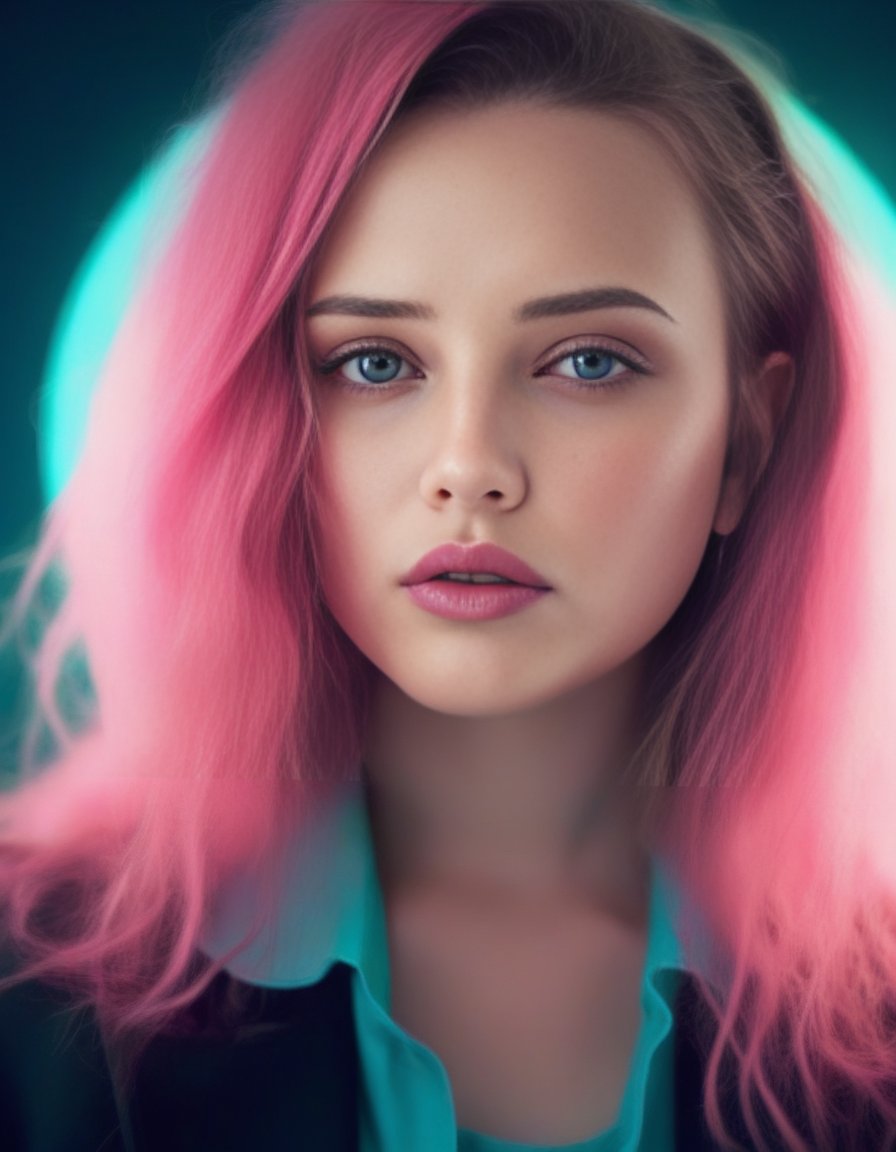 KatherineLangford,<lora:KatherineLangfordSDXL:1>close up of a girl with pink hair, sitting in a bright light with a neon lamp, in the style of digital painting, marine biology-inspired, elegant, emotive face, aurorapunk, dark black and teal, whirly, asymmetric balance, high quality