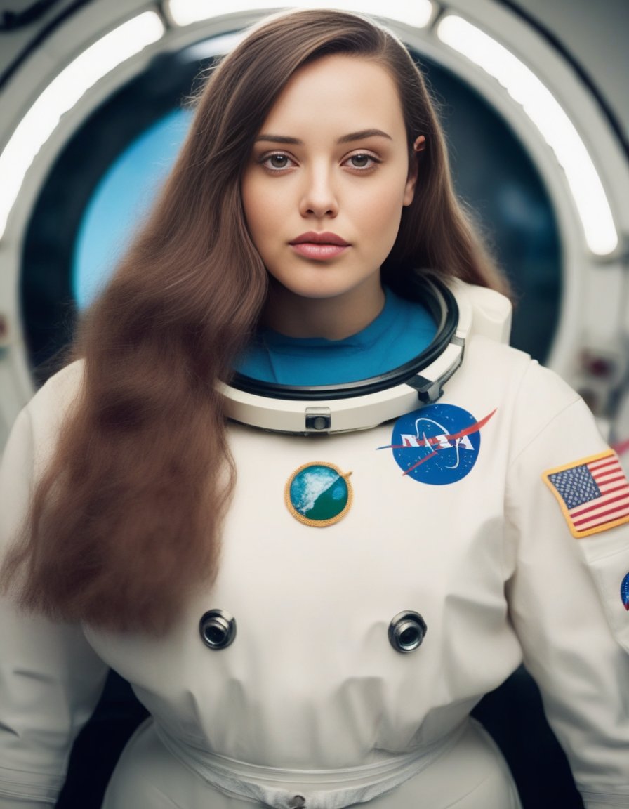 KatherineLangford,<lora:KatherineLangfordSDXL:1>,photo,detailed background, stunning beauty, high quality photo, perfect composition, perfect details and textures, highly detailed, front view, looking at camera, perfect lighting, with an astronaut suit in the space station