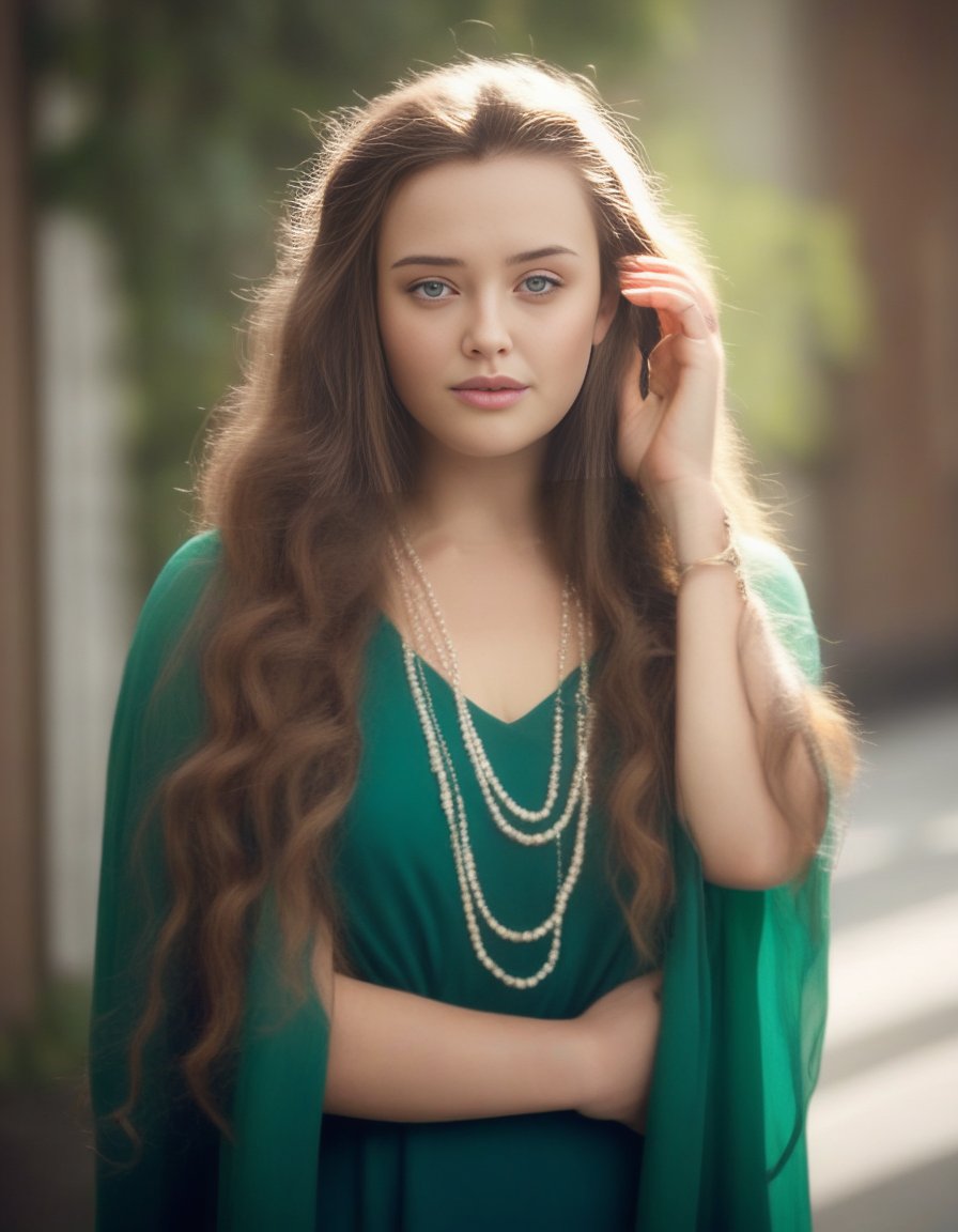 KatherineLangford,<lora:KatherineLangfordSDXL:1>The image features a stunningly beautiful young   woman with long, curly hair and bright blue eyes. She is wearing a green dress and a scarf, giving her a stylish and elegant appearance. The woman is looking at the camera, capturing her attention and making the viewer feel as if they are looking into her eyes. The overall scene is visually appealing and showcases the woman's beauty and grace.