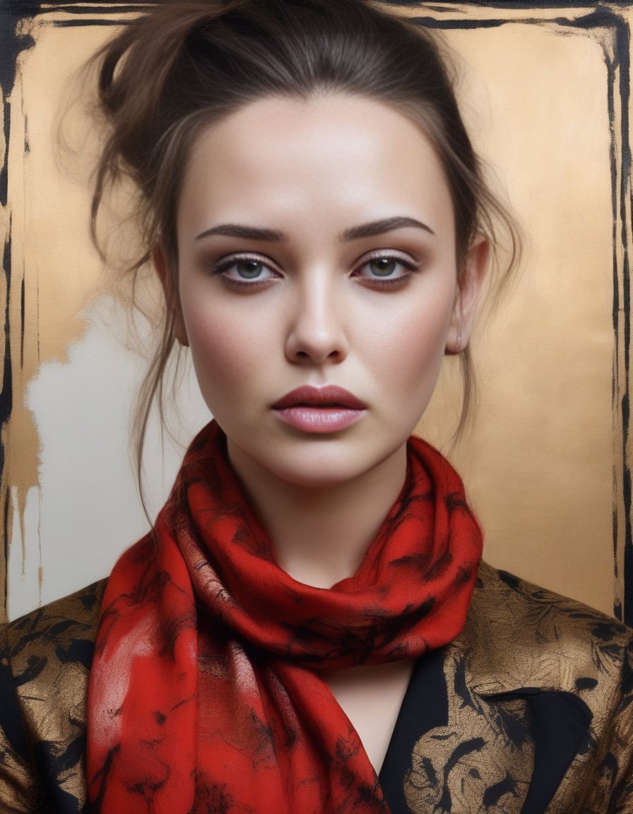 KatherineLangford,<lora:KatherineLangfordSDXL:1>breathtaking portrait of a gorgeous girl, sultry, red scarf, dark gold and black, gossamer fabrics, jagged edges, eye-catching detail, insanely intricate, vibrant light and shadow , beauty, paintings on panel, textured background, captivating, stencil art, style of oil painting, modern ink, watercolor , brush strokes, negative white space