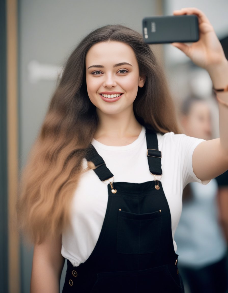 KatherineLangford,<lora:KatherineLangfordSDXL:1>, a curvy athletic woman in black overalls is smiling and taking a selfie, white t-shirt, streak in hair, 8k uhd, dslr, soft lighting, high quality, film grain, Fujifilm XT3