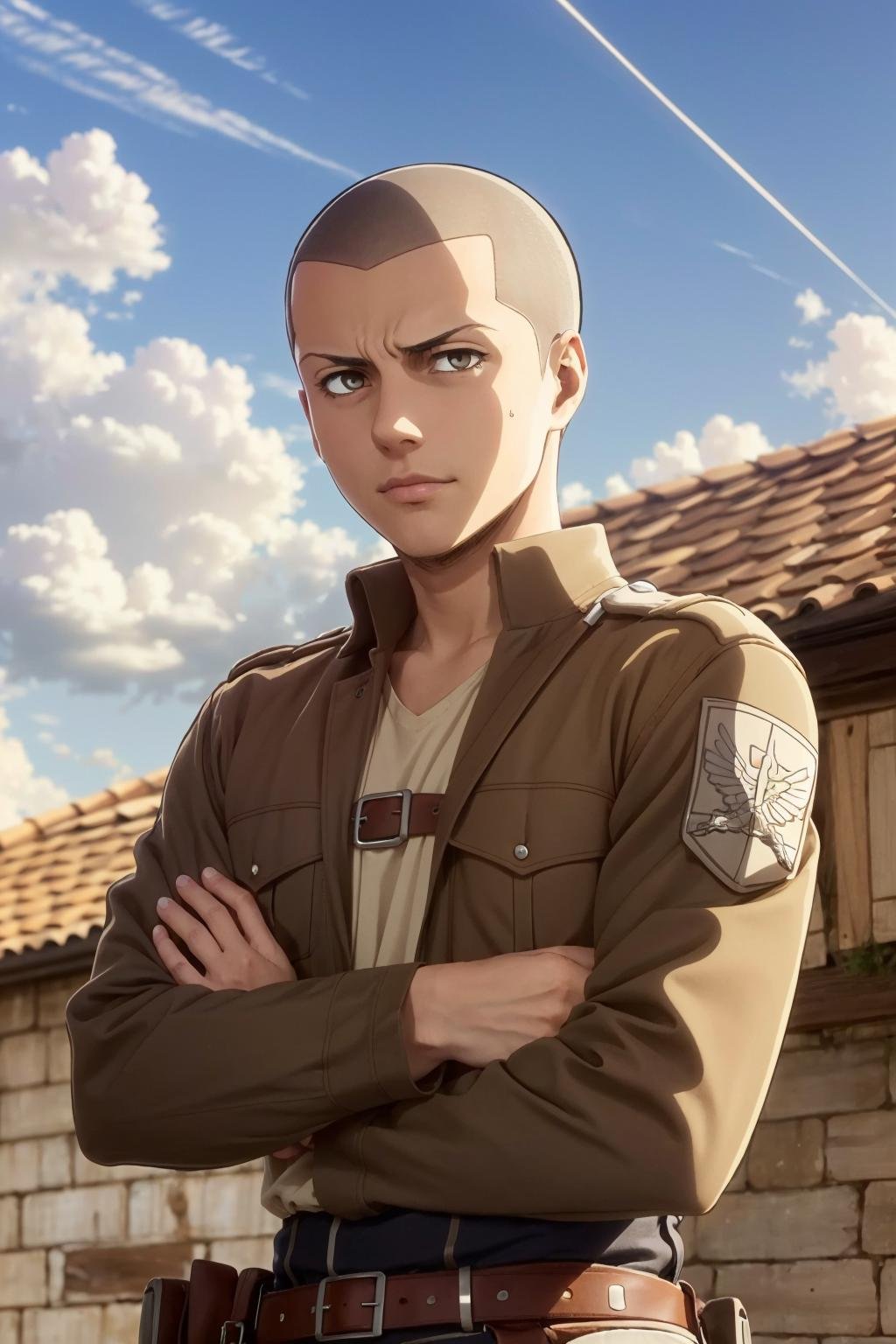 connie_springer,  young man,  buzzcut,  survey corps military clothes,  looking at you,  smug,  muscular,  crossed arms,  medieval village,  daylight,  realistic,  high quality,<lora:EMS-254816-EMS:0.700000>