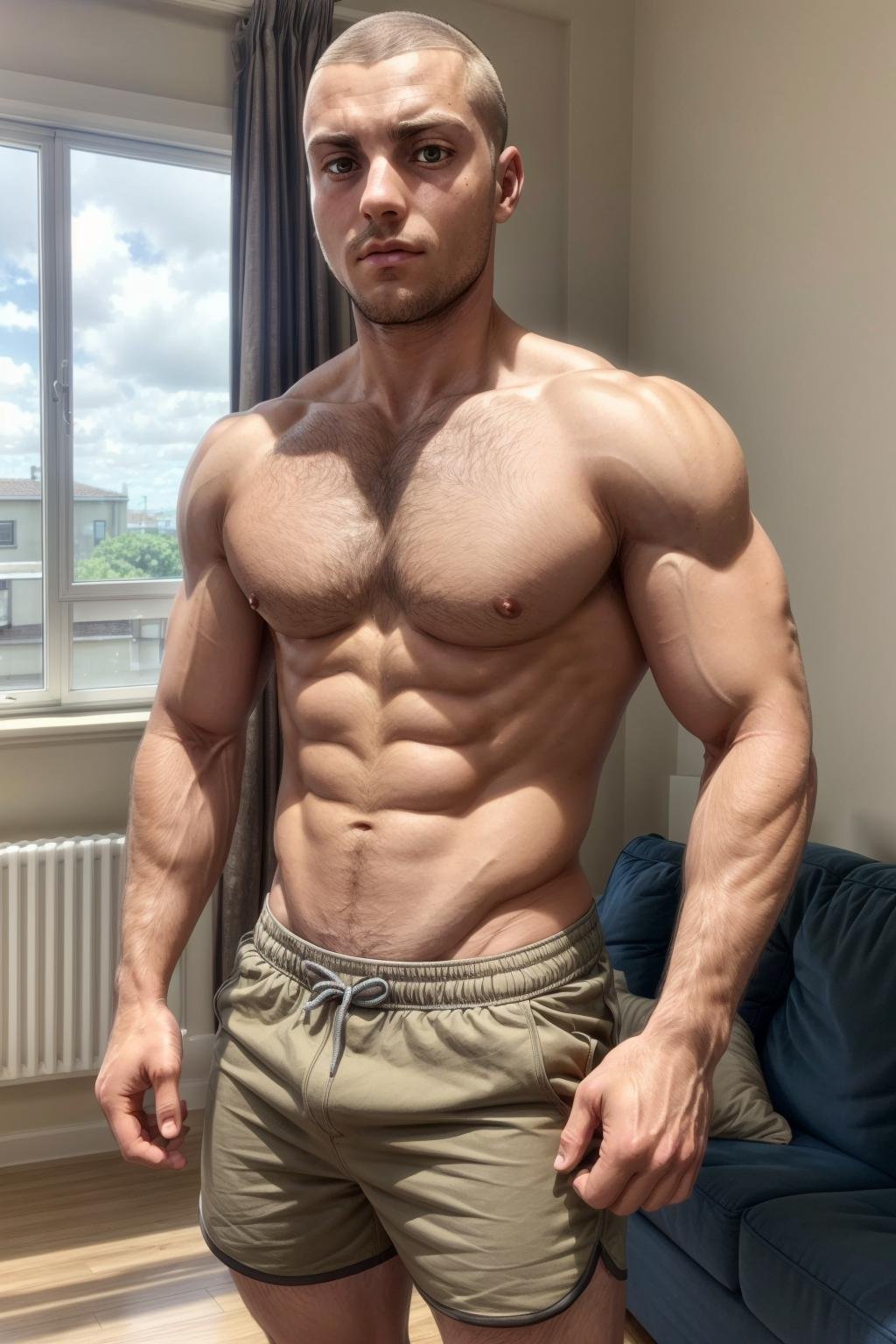 young man,  athletic body,  buzzcut,  big biceps,  large pectorals,  handsome face,  living room,  daylight,  shorts,  hairy,  connie springer,<lora:EMS-254816-EMS:0.700000>,<lora:EMS-93-EMS:1.000000>