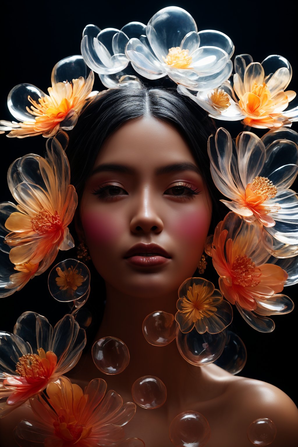 a close up of a side profile photograpy of an attractive korean beautiful model, wearing a head ornament like a mask ornated with flowers made of transparent glass, covering face, mouth cover made of transparent glass material, chic photography, dark studio, artistic model pose, magical, epic pose, large flower, size contrast, transparent flower, glass flower, (close up shot 1:1) lights shine on the face, dramatic shadows, epic shadows, cinematic lighting, dark photography, alluring pose, glass statue, attractive pose, view from below, looking upward, shot from below, perspective view, dynamic perspective, dynamic angle, dynamic pose, fashion editorial photography, master piece, hyper realistic, real skin, natural light, dreamy, surreal, enchanting, back lit photography, dramatic lighting, high contrast, studio photography, portrait photography, hourglass bodyshape, perky breast, sensual, large flowers, gigantic flowers, large petals, exotic flowers, monumental scale, museum quality, large glass statue, enormous glass flower,Transparent Glass Flowers