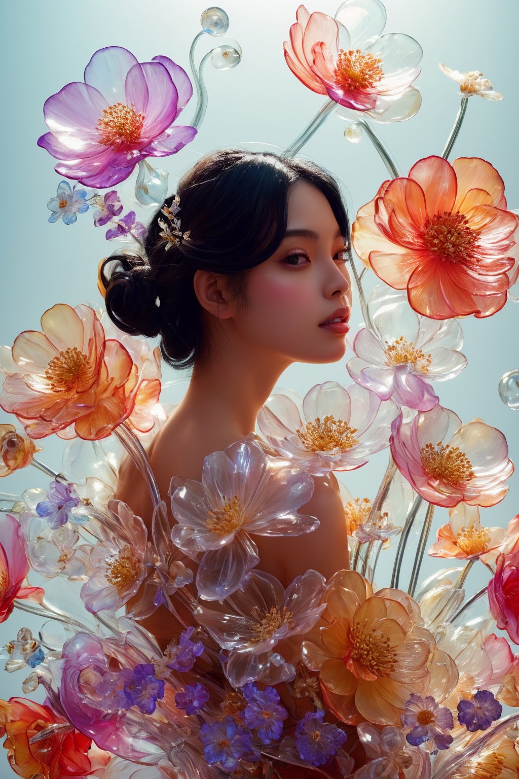 a side portrait of an attractive korean woman laying on a bed of flowers made of glass, wearing a elegant floral dress made of transparent glass flowers, transparent flower, glass flower, filled with flowers, full of flowers, flower bed (close up shot 1:1) alluring pose, glass statue, attractive pose, epic pose, shot from below, perspective view, dynamic angle, dynamic pose, fashion editorial photography, master piece, hyper realistic, real skin, natural light, wall made of glass flowers, wall filled with flowers made of glass, dreamy, surreal, enchanting, back lit photography, dramatic lighting, high contrast, studio photography, portrait photography,Transparent Glass Flowers