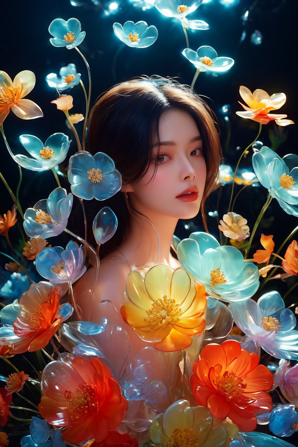 a side portrait of an attractive woman surrounded by flowers made of glass, wearing a elegant floral dress made of transparent glass flowers, transparent flower, glass flower, filled with flowers, full of flowers, flower bed (close up shot 1:1) alluring pose, glass statue, attractive pose, epic pose, shot from below, perspective view, dynamic angle, dynamic pose, fashion editorial photography, master piece, hyper realistic, real skin, natural light, wall made of glass flowers, wall filled with flowers made of glass, dreamy, surreal, enchanting, back lit photography, dramatic lighting, high contrast, studio photography, portrait photography,Transparent Glass Flowers