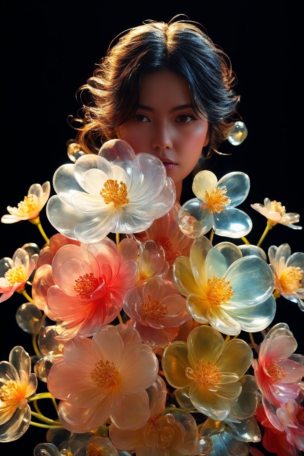 dark room studio portrait, black back drop, black room, darkroom, dimmed environment, a side portrait of an attractive blonde hair tanned woman surrounded by flowers made of glass, olive skin, glowing skin, tanned lines, wearing a elegnat dress made of transparent glass flowers, transparent flower, glass flower, filled with flowers, full of flowers, flower bed (close up shot 1:1) alluring pose, glass statue, attractive pose, epic pose, shot from below, perspective view, dynamic angle, dynamic pose, fashion editorial photography, master piece, hyper realistic, real skin, natural light, wall made of glass flowers, wall filled with flowers made of glass, dreamy, surreal, enchanting, back lit photography, dramatic lighting, high contrast, studio photography, portrait photography, intimate, super closeup shot,  focused on subject, desaturated, artistic, pop art, sophisticated pose, back light silhouette photography, art photography, avant garde fashion photography, macro lens photography, gigantic transparent glass flowers, monumental scale, giant flower sculptures,Transparent Glass Flowers