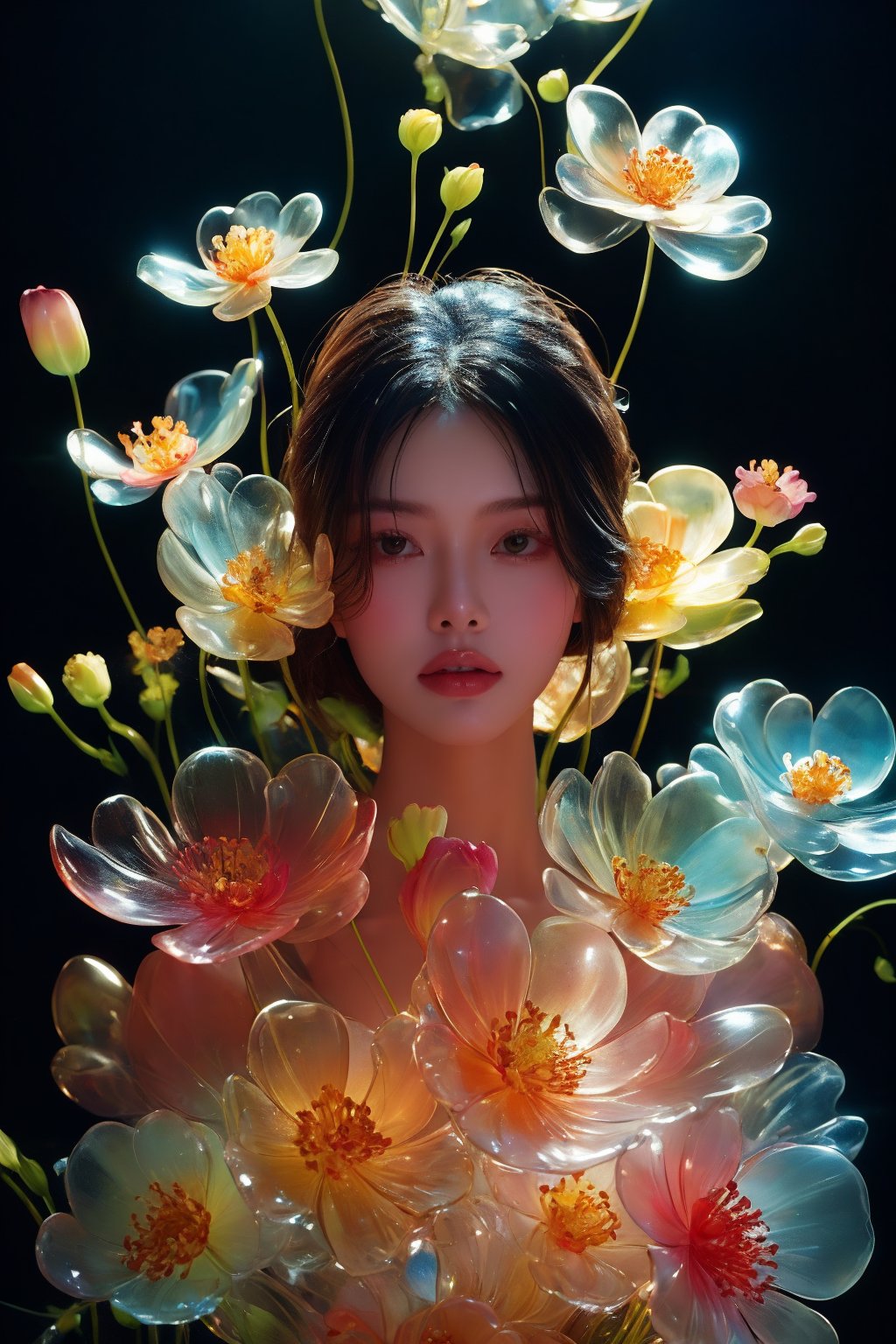 a side portrait of an attractive woman surrounded by flowers made of glass, wearing a elegant floral dress made of transparent glass flowers, transparent flower, glass flower, filled with flowers, full of flowers, flower bed (close up shot 1:1) alluring pose, glass statue, attractive pose, epic pose, shot from below, perspective view, dynamic angle, dynamic pose, fashion editorial photography, master piece, hyper realistic, real skin, natural light, wall made of glass flowers, wall filled with flowers made of glass, dreamy, surreal, enchanting, back lit photography, dramatic lighting, high contrast, studio photography, portrait photography,Transparent Glass Flowers