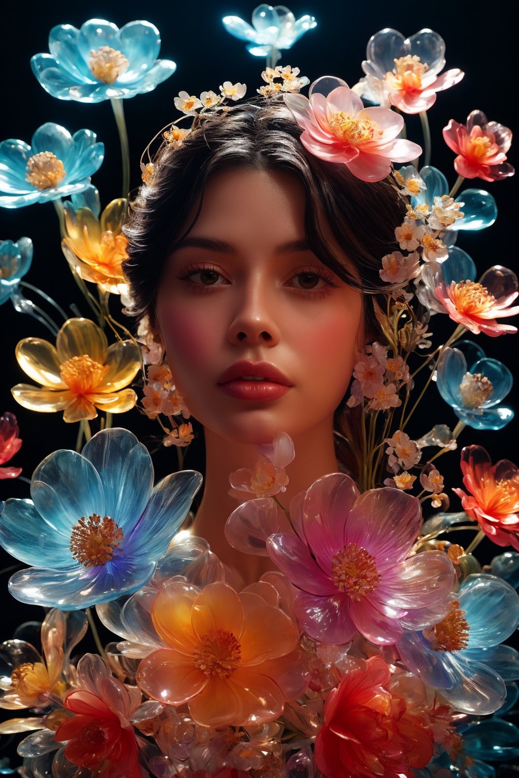 a side portrait of an attractive woman surrounded by flowers made of glass, wearing a elegnat dress made of transparent glass flowers, transparent flower, glass flower, filled with flowers, full of flowers, flower bed (close up shot 1:1) alluring pose, glass statue, attractive pose, epic pose, shot from below, perspective view, dynamic angle, dynamic pose, fashion editorial photography, master piece, hyper realistic, real skin, natural light, wall made of glass flowers, wall filled with flowers made of glass, dreamy, surreal, enchanting, back lit photography, dramatic lighting, high contrast, studio photography, portrait photography,Transparent Glass Flowers