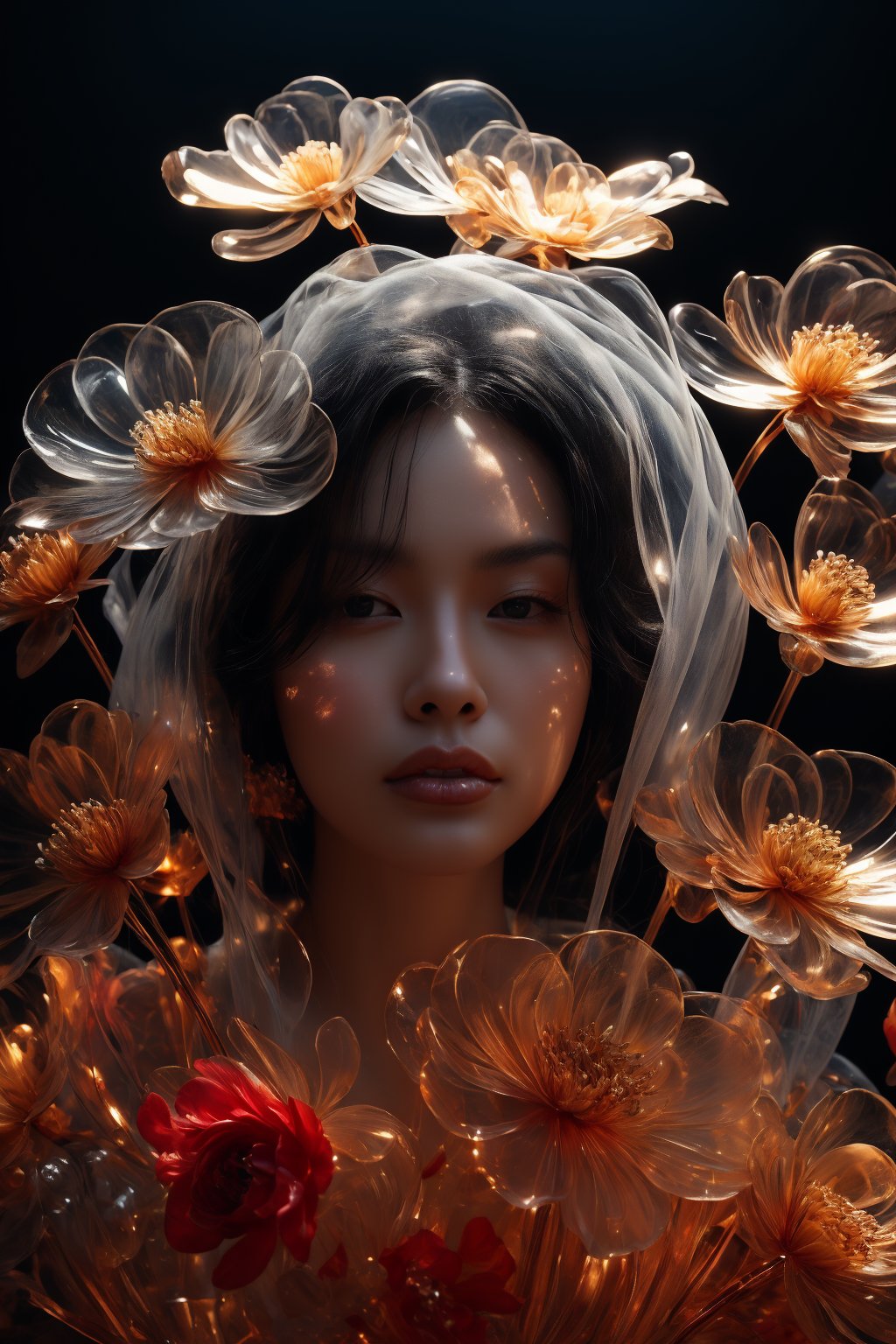 a close up of a side profile photograpy of an attractive korean beautiful model, wearing a head ornament like a mask ornated with flowers made of transparent glass, covering face, mouth cover made of transparent glass material, chic photography, dark studio, artistic model pose, magical, epic pose, large flower, size contrast, transparent flower, glass flower, (close up shot 1:1) lights shine on the face, dramatic shadows, epic shadows, cinematic lighting, dark photography, alluring pose, glass statue, attractive pose, view from below, looking upward, shot from below, perspective view, dynamic perspective, dynamic angle, dynamic pose, fashion editorial photography, master piece, hyper realistic, real skin, natural light, dreamy, surreal, enchanting, back lit photography, dramatic lighting, high contrast, studio photography, portrait photography, hourglass bodyshape, perky breast, sensual, large flowers, gigantic flowers, large petals, exotic flowers, monumental scale, museum quality, large glass statue, enormous glass flower,Transparent Glass Flowers