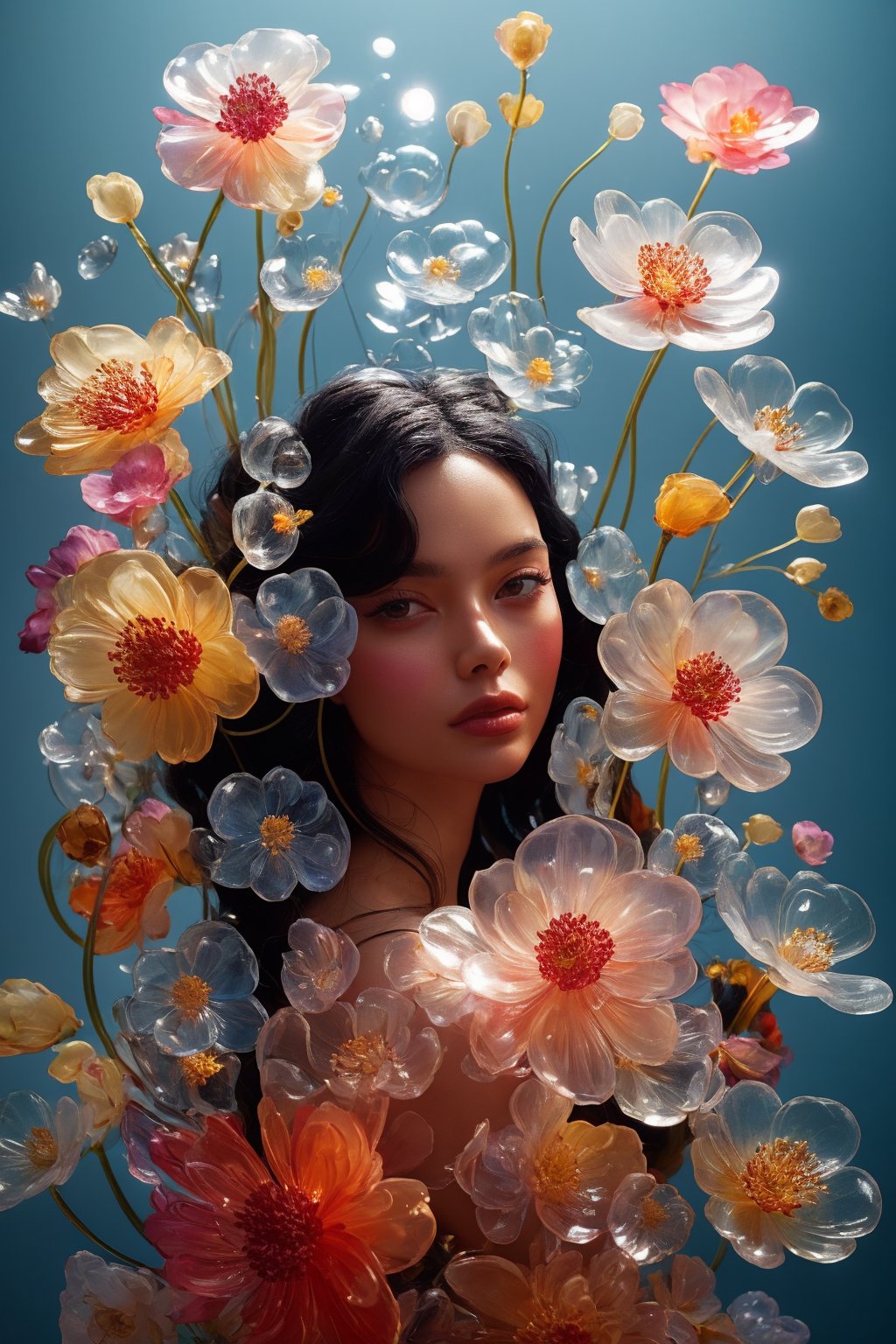 a side portrait of an attractive woman surrounded by flowers made of glass, wearing a elegnat dress made of transparent glass flowers, transparent flower, glass flower, filled with flowers, full of flowers, flower bed (close up shot 1:1) alluring pose, glass statue, attractive pose, epic pose, shot from below, perspective view, dynamic angle, dynamic pose, fashion editorial photography, master piece, hyper realistic, real skin, natural light, wall made of glass flowers, wall filled with flowers made of glass, dreamy, surreal, enchanting, back lit photography, dramatic lighting, high contrast, studio photography, portrait photography,Transparent Glass Flowers