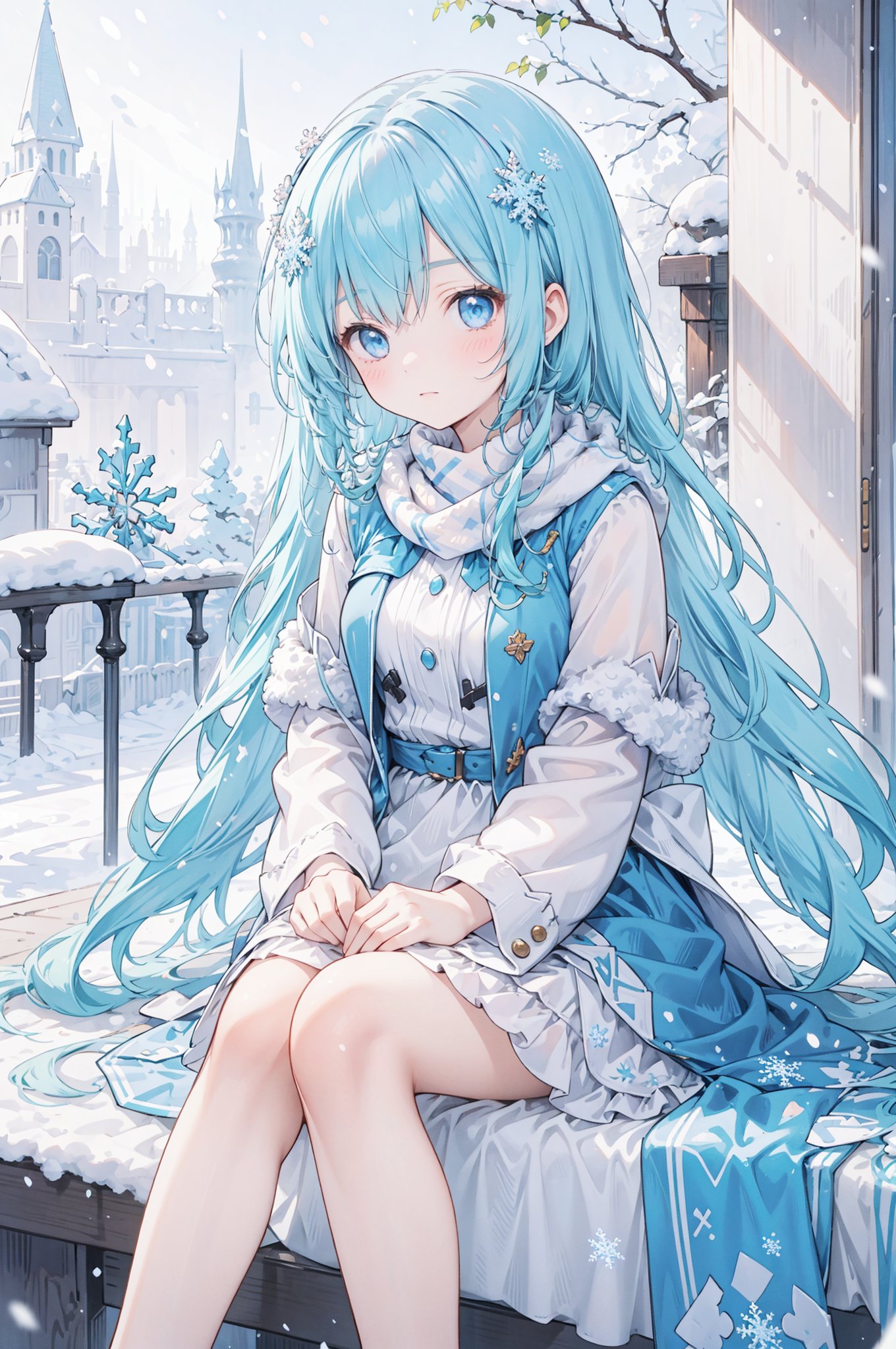 (very long hair,cowboy shot),1girl,dress,blue hair,barefoot,blue dress,solo,blue eyes,((snowflake pattern)),light bule tone, looking at viewer,snow,bangs,snowing,snowflakes,sitting,yukimiku