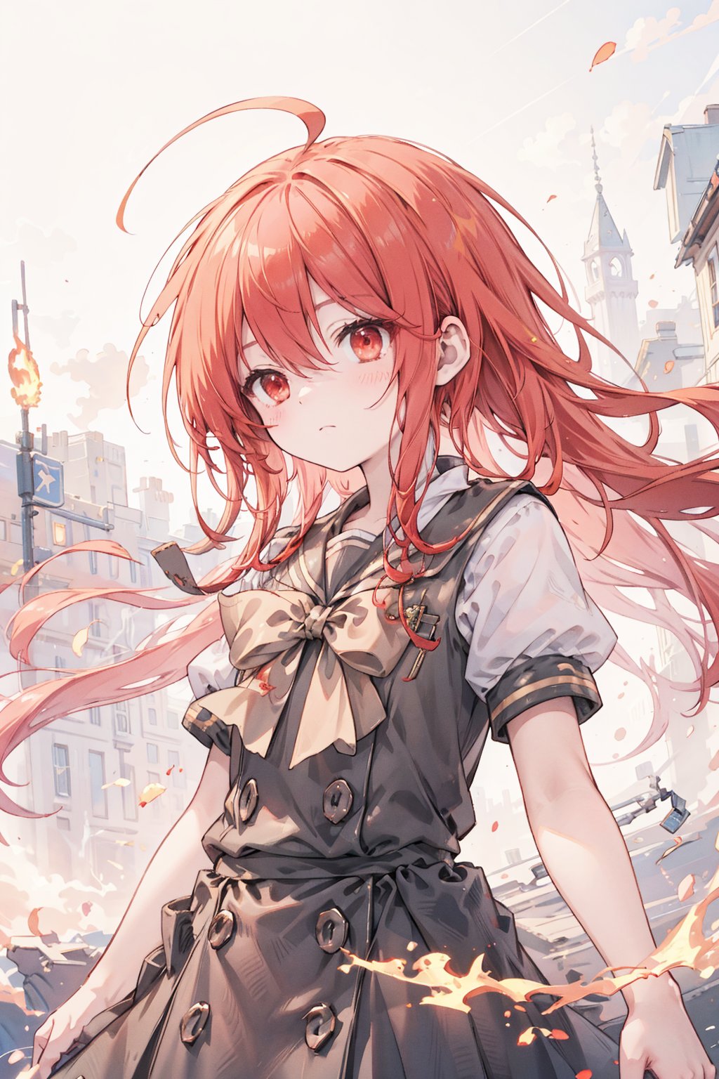 best quality,(masterpiece:1.3),cowboy shot,ultra-detailed,solo:1.3,shanahelical_visible_aura full of background,burning aura,floating hair,floating fire,heat wave,fire devil,ahoge,Bright red and fiery red hair,long hair,red eyes,school uniform <lora:shana (Shakugan no Shana) 夏娜 （灼眼的夏娜）_v1.0:1>