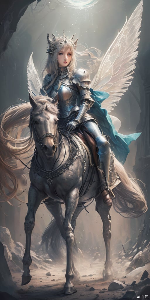  1girl,horsebackriding,Metal wings,Fairy, crystal,jewels,Knight, horse