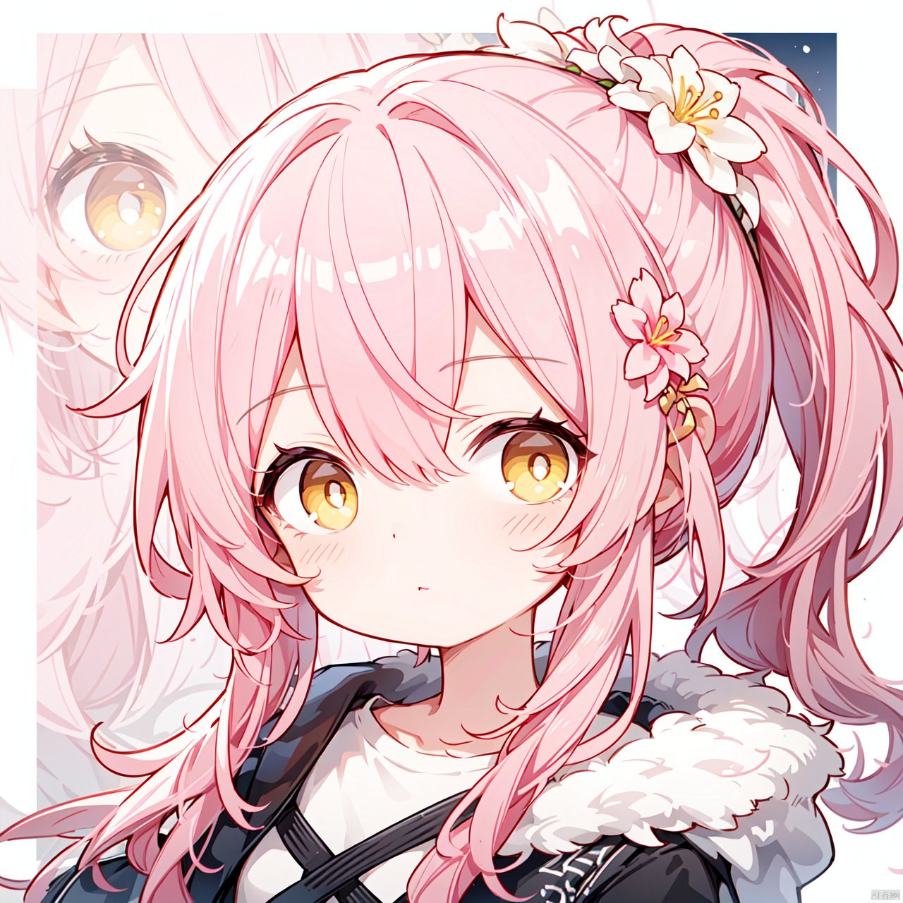 close-up,face focus,1petite loli,pink hair,long pink hair,(yellow eyes),portrait,fur-trimmed jacket,hair flower,fipped hair,high ponytail,loose over_sized Casual T-shirt,white shirt,hoodie coat,one-eye_closed,chibi,surrealistic,