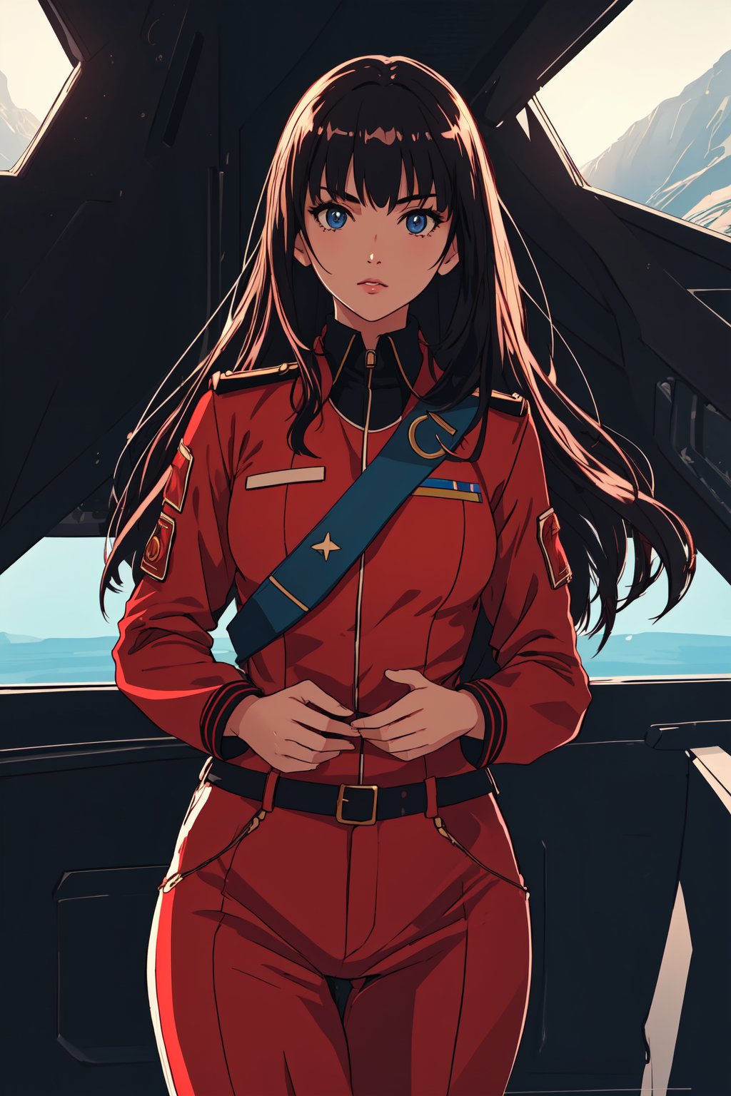 pilot jumpsuit, ((military uniform)), pilot, (ultra-detailed, inperfect skin),standing on a plane, in front of the camera,(masterpiece, best quality, best shadow), high contrast, (best illumination), ((cinematic light)), colorful, hyper detail, dramatic light, intricate details, (1 girl, solo, sharp face) , ultra detailed artistic photography, shadows, ultra high definition, 8k, ultra sharp focus, long hair, ultra high quality model, soft lighting, film photography, analogue photography, cowboy shot, volumetric lighting