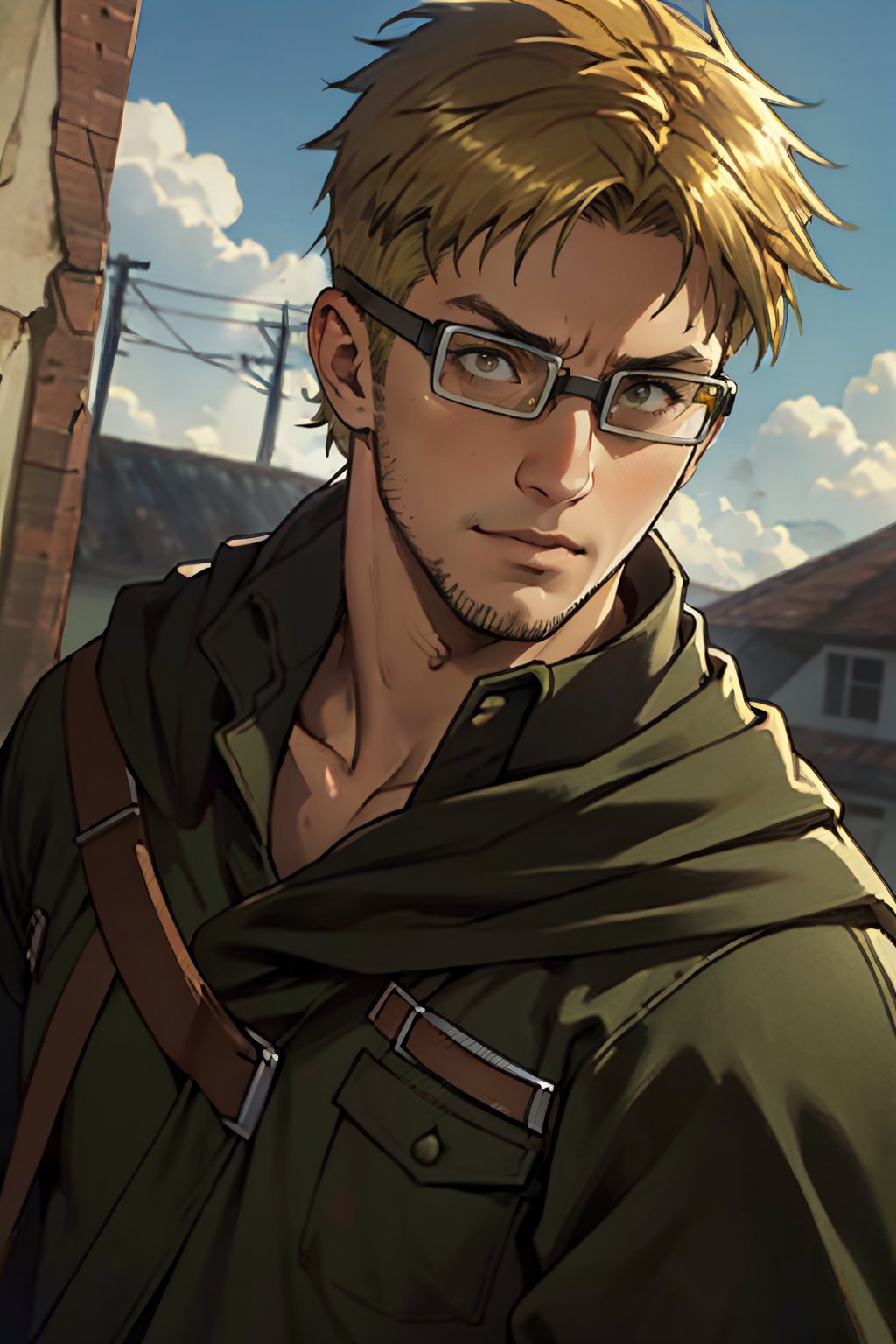 Abel, solo, Attack on Titan, uniform of the Scout Regiment, green cloak, blond hair, brown eyes, goggles, thick-rimmed glasses with bands around head, light stubble on chin and cheekbones, (shaved philtrum, hairless philtrum:1.3), fit body, handsome, charming, alluring, intense gaze, gentle expression, soft expression, (standing), (upper body in frame), simple background, green plains, cloudy blue sky, perfect light, only1 image, perfect anatomy, perfect proportions, perfect perspective, 8k, HQ, (best quality:1.5, hyperrealistic:1.5, photorealistic:1.4, madly detailed CG unity 8k wallpaper:1.5, masterpiece:1.3, madly detailed photo:1.2), (hyper-realistic lifelike texture:1.4, realistic eyes:1.2), picture-perfect face, perfect eye pupil, detailed eyes, realistic, HD, UHD, (front view:1.2), portrait, looking outside frame,(MkmCut)