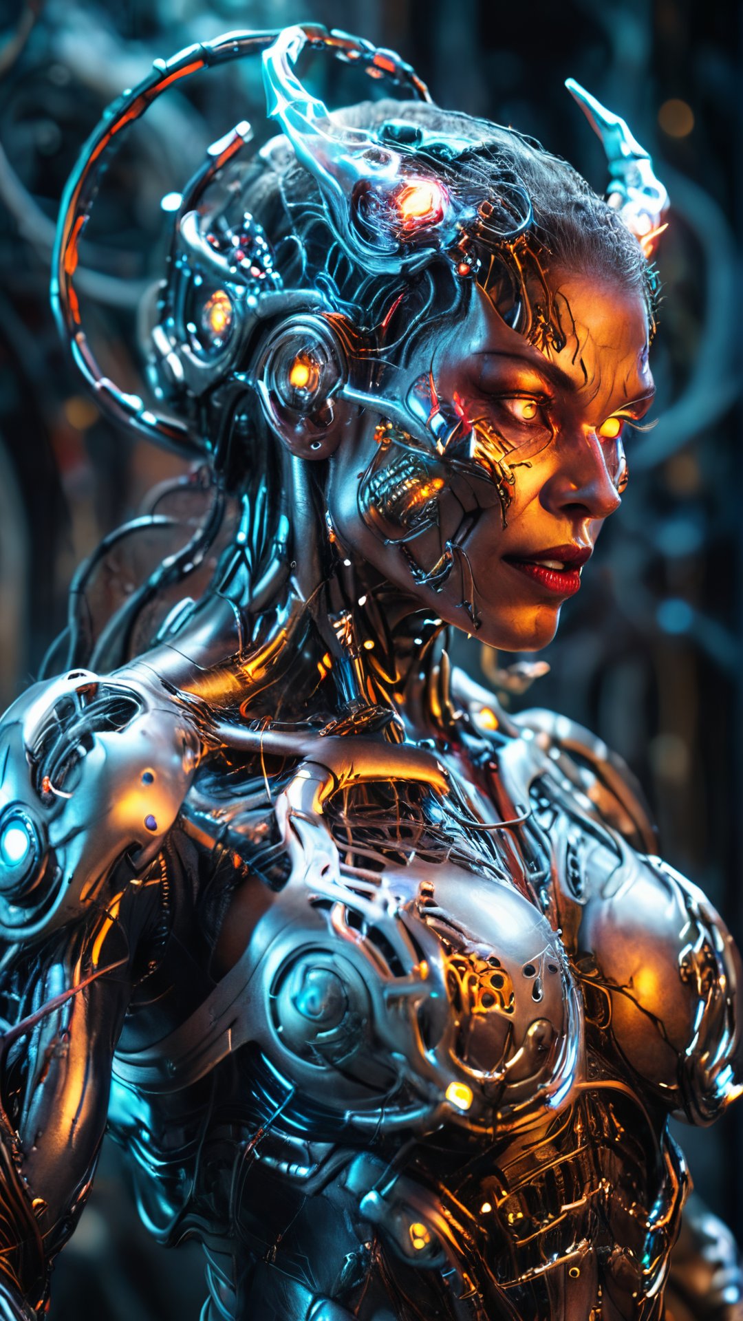 (8k, RAW photo, highest quality), hyperrealistic, intricate abstract, intricate artwork, abstract style, hauntingly, (((cyborg:demon women:2))), alarming, metallic tendrils entwined, fearsome, emitting an ethereal glow, frightening, harnessing the power of the cosmos, (intricate details), hdr, (intricate details, hyperdetailed:1.2), cinematic shot, extremely high-resolution details, photographic, realism pushed to extreme, fine texture, incredibly lifelike
 dark theme
,29yo girl,more detail XL