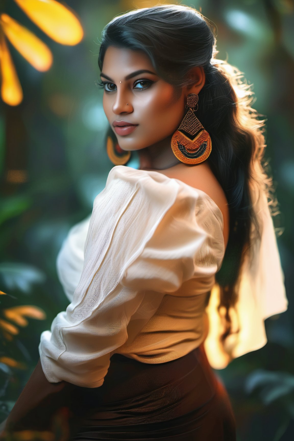 Mallugirl, (RAW photo, best quality), (realistic, photo-Realistic:1.3), best quality, masterpiece, beautiful and aesthetic, 16K, (HDR:1.4), high contrast, (vibrant color:1.4), (muted colors, dim colors, soothing tones:0), cinematic lighting, ambient lighting, sidelighting, Exquisite details and textures, cinematic shot, Warm tone, (Bright and intense:1.2), wide shot, by xm887, ultra realistic illustration, siena natural ratio, 	(urban fantasy theme:1.4), (sexy girl costume:1.3),	head to toe,	dark brown ponytail hairstyle with blunt bangs, 	yellow	eyes, white knit sweater, white knit Beanie, white knit gloves, 	a beautiful English girl,	symmetrical face with flirty gaze and soft smile,	a small earrings, 	porcelain white skin, dawn, romantic, mystical, dynamic lighting, digital painting, highly detailed, mist-shrouded forest background, masterpiece, best quality, dreamy colors, intense colors, rich color, feminine tone, amazing high resolution, 8k.,29yo girl