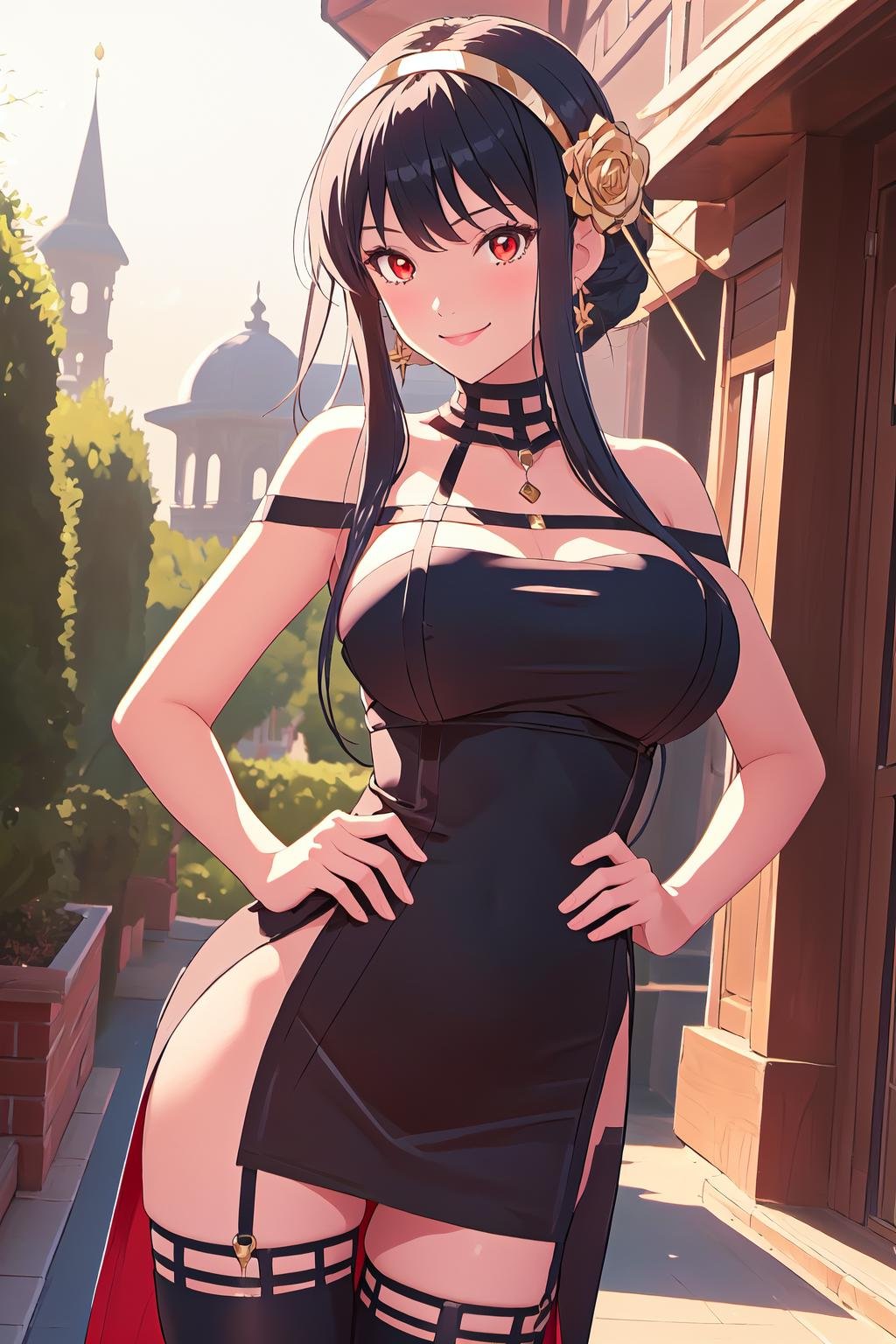 <lora:YorBriar-step00002700:1>, ybv1, 1girl, smile, large breasts, cowboy shot, hair flower, gold earrings, gold hairband, long hair, red eyes, short hair with long locks, sidelocks, black thighhighs, thighhighs, two-sided fabric, dress, two-sided dress, black dress, hands on hips