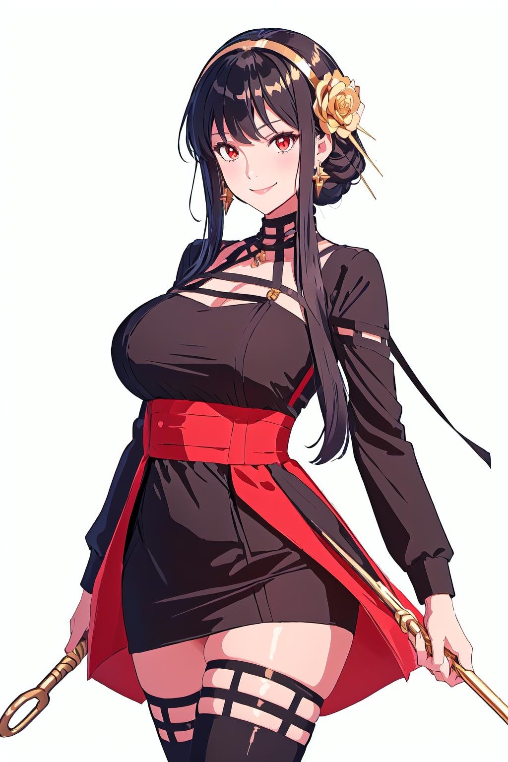 <lora:YorBriar-step00002700:1>, ybv1, 1girl, smile, large breasts, dual wielding, holding weapon, reverse grip, cowboy shot, hair flower, gold earrings, gold hairband, long hair, red eyes, short hair with long locks, sidelocks, black thighhighs, thighhighs, simple background, white background