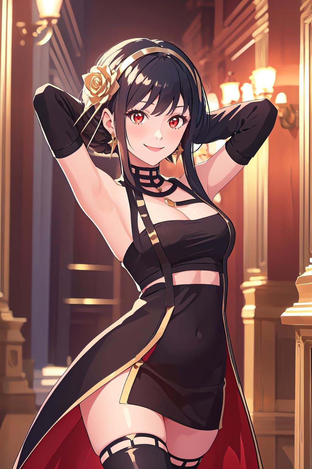 <lora:YorBriar-step00002700:1>, ybv1, 1girl, smile, arms behind head, hair flower, gold earrings, gold hairband, long hair, red eyes, short hair with long locks, sidelocks, black thighhighs, thighhighs