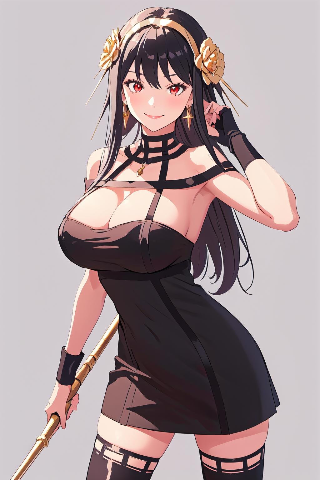 <lora:YorBriar-step00002700:1>, ybv1, 1girl, smile, large breasts, dual wielding, holding weapon, reverse grip, cowboy shot, hair flower, gold earrings, gold hairband, long hair, red eyes, short hair with long locks, sidelocks, black thighhighs, thighhighs, simple background, white background, two-tone dress, black dress