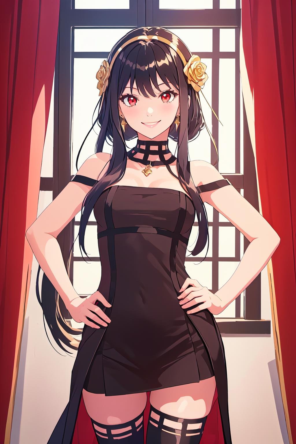 <lora:YorBriar-step00002700:1>, ybv1, 1girl, smile, hands on hips, hair flower, gold earrings, gold hairband, long hair, red eyes, rose, short hair with long locks, sidelocks, black thighhighs, thighhighs